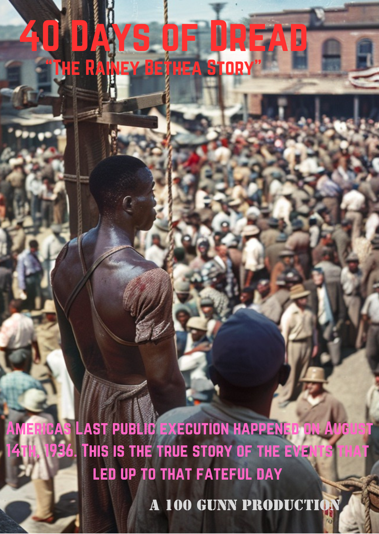 A large crowd of people gathered on the street, with a young Black man in the foreground looking out over the crowd. The crowd appears to be part of a historical event in America.