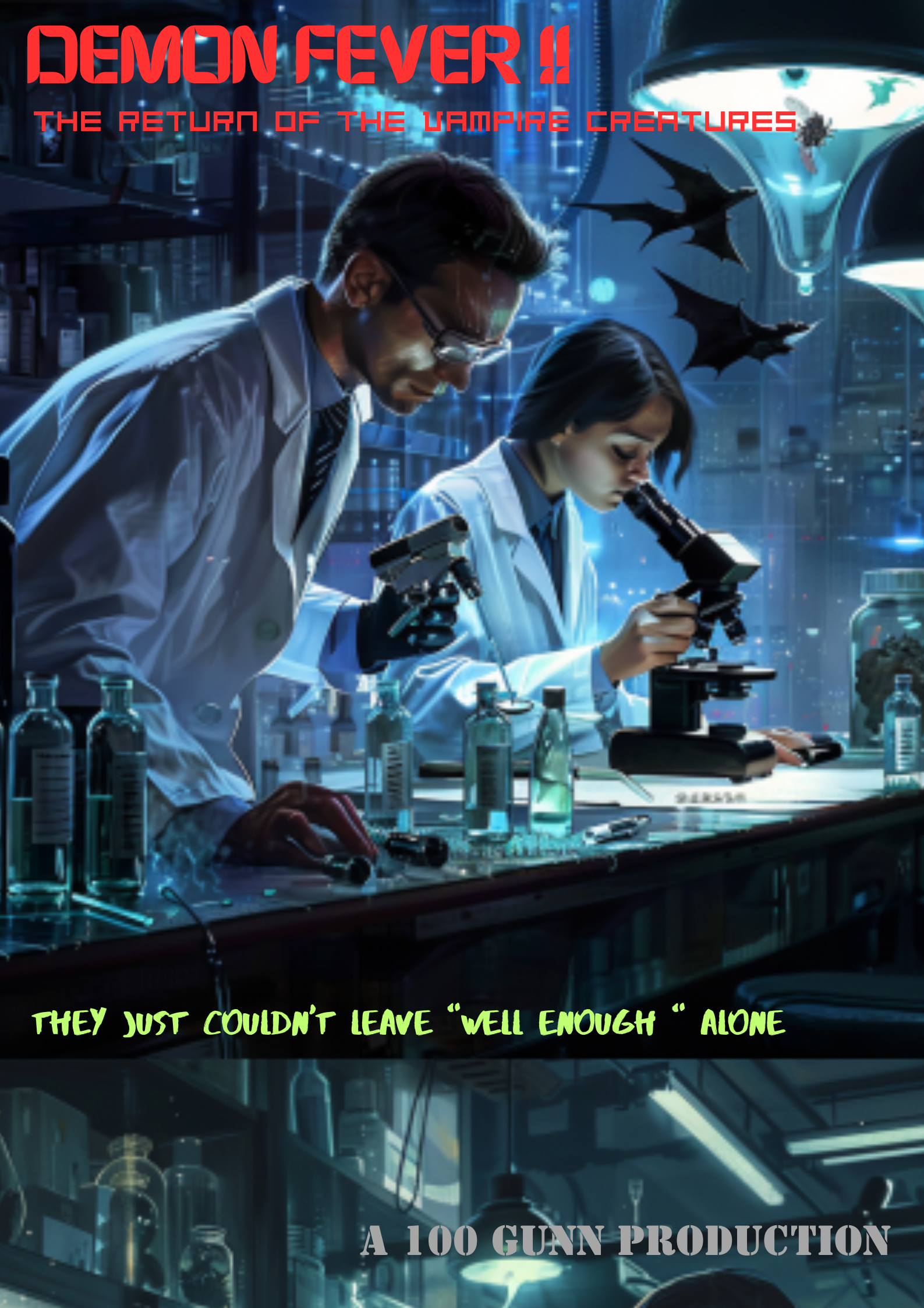 A comic-style illustration of scientists working in a high-tech laboratory, examining vials and using microscopes, with bats flying in the background and red and green text reading "Demon Fever!! The Return of the Vampire Creatures," "They just couldn't leave 'well enough' alone," and "A 100 Gunn Production."