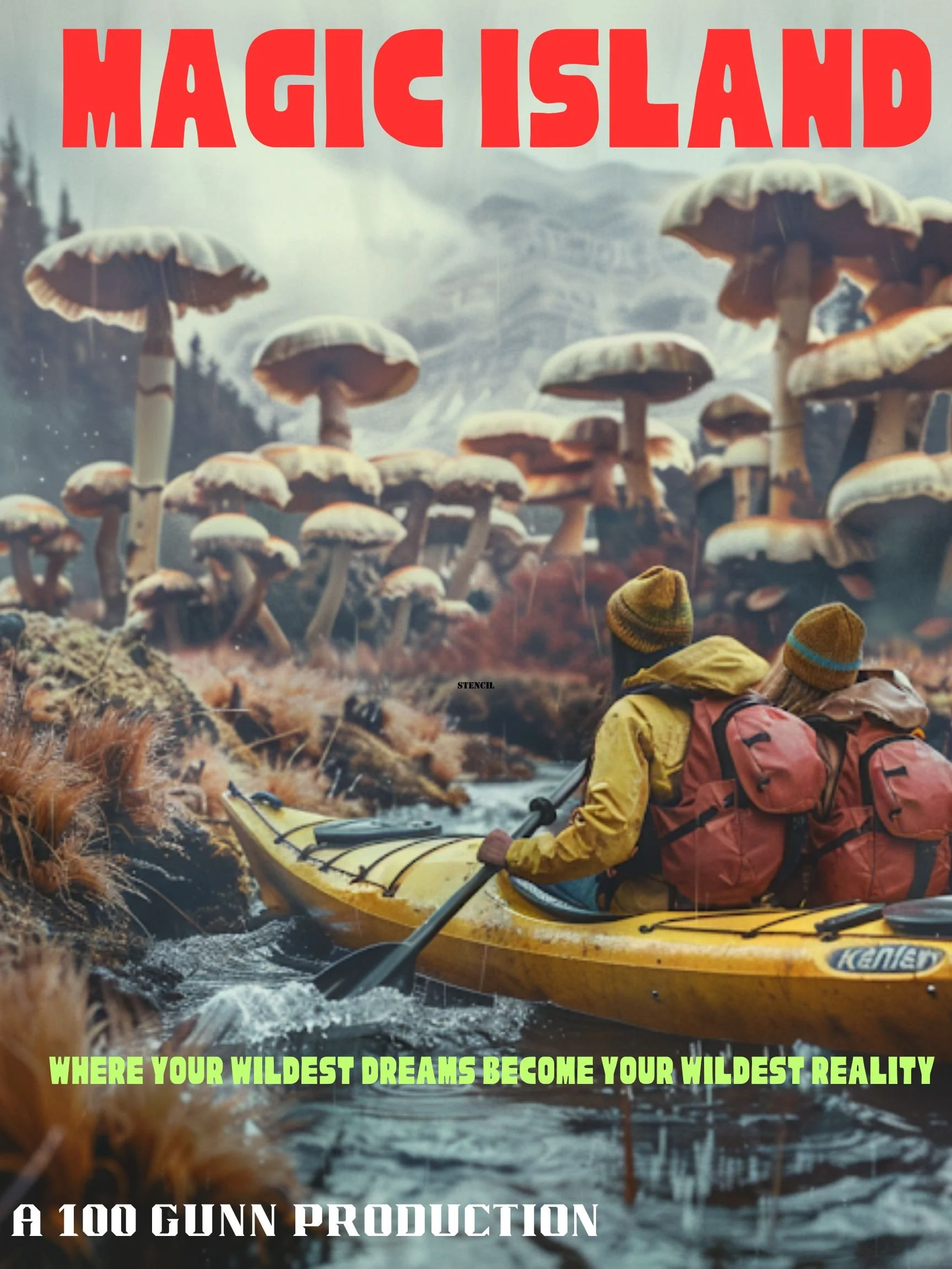 A movie poster for 'Magic Island' featuring two people in yellow jackets and backpacks kayaking through a forest of large mushrooms with foggy mountains in the background. The poster has the tagline 'Where your wildest dreams become your wildest reality' and credits 'A 100 Gunn production.'