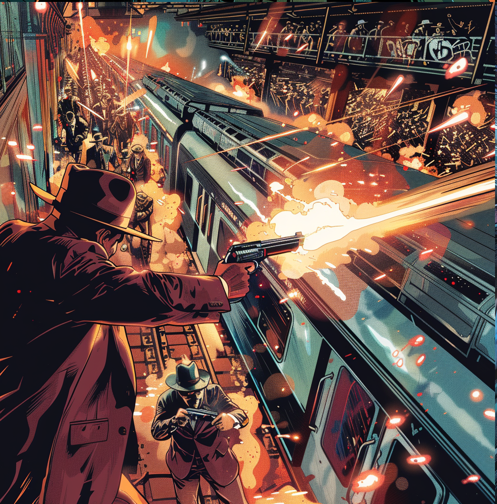 Two men in trench coats and hats shooting guns at each other amid an explosion and gunfire on a busy train platform with a train in the background.