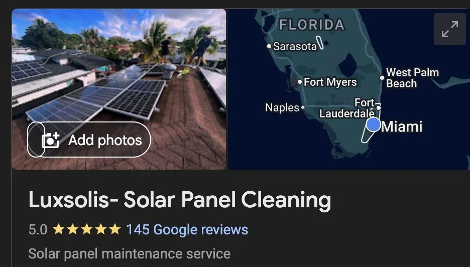 Photo showing solar panels installed on a rooftop with a background of trees and a partly cloudy sky. Also includes a map of Florida with a location marked near Miami.
