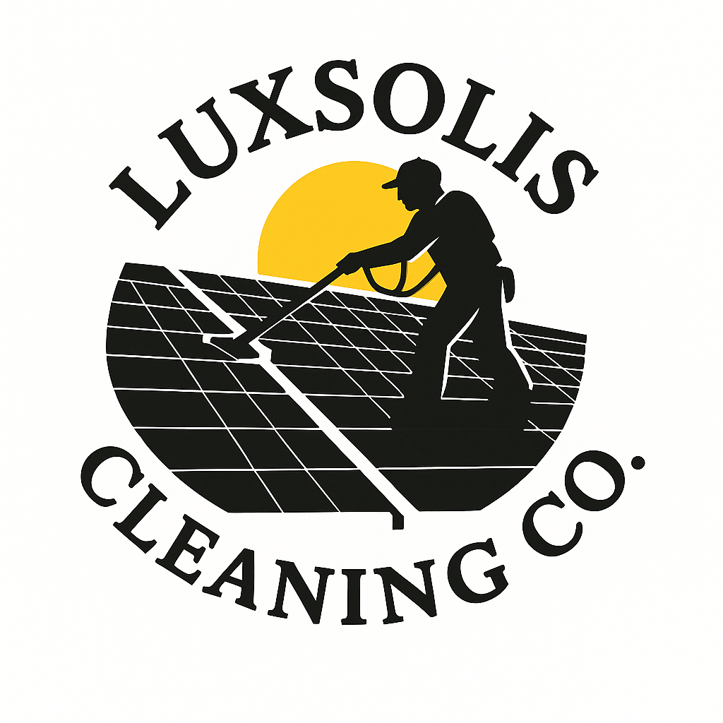 A logo of Lux Solar Cleaning Co. depicting a worker cleaning solar panels at sunset with black text.