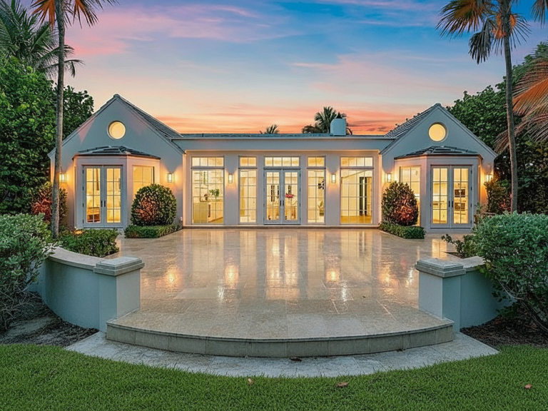 A modern white house with large glass doors and windows, surrounded by lush greenery and palm trees at sunset.