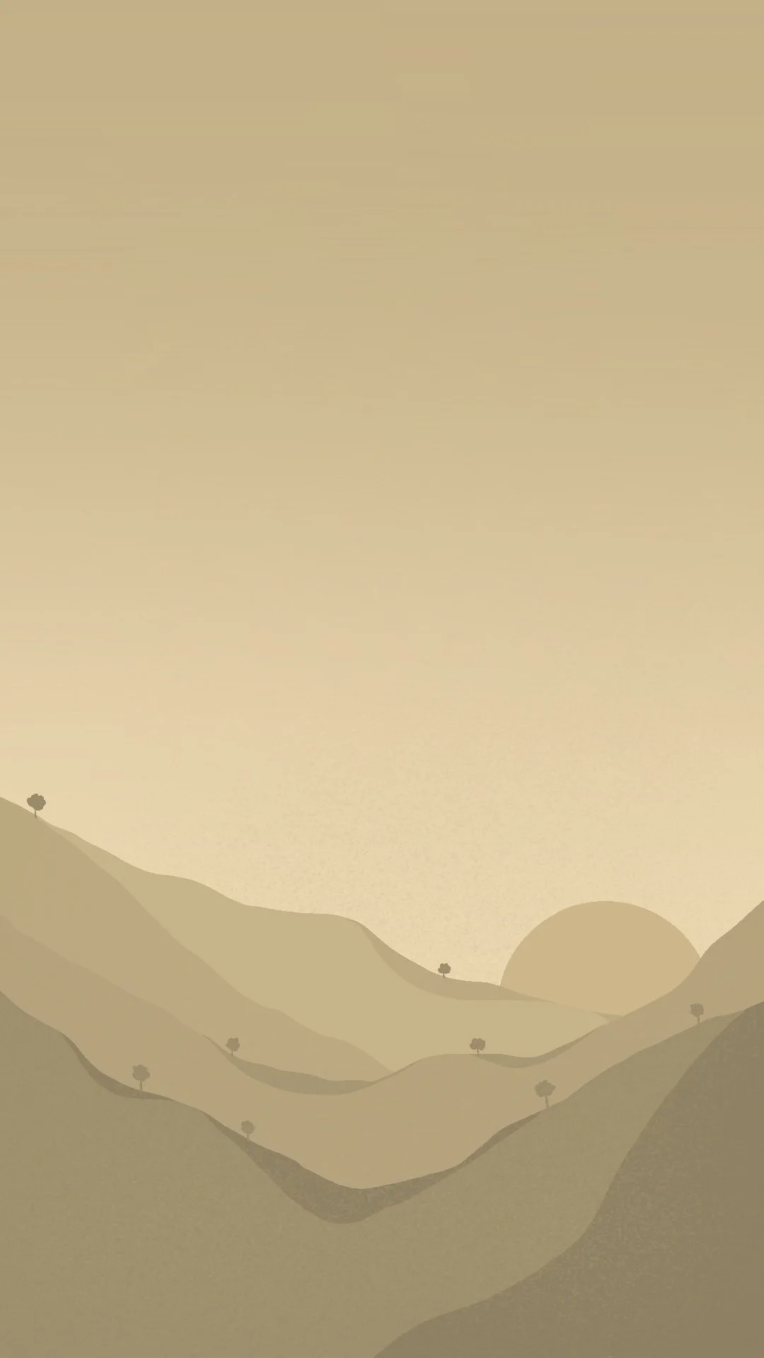 Minimalist digital illustration of rolling hills at sunset with small trees and a large sun near the horizon.