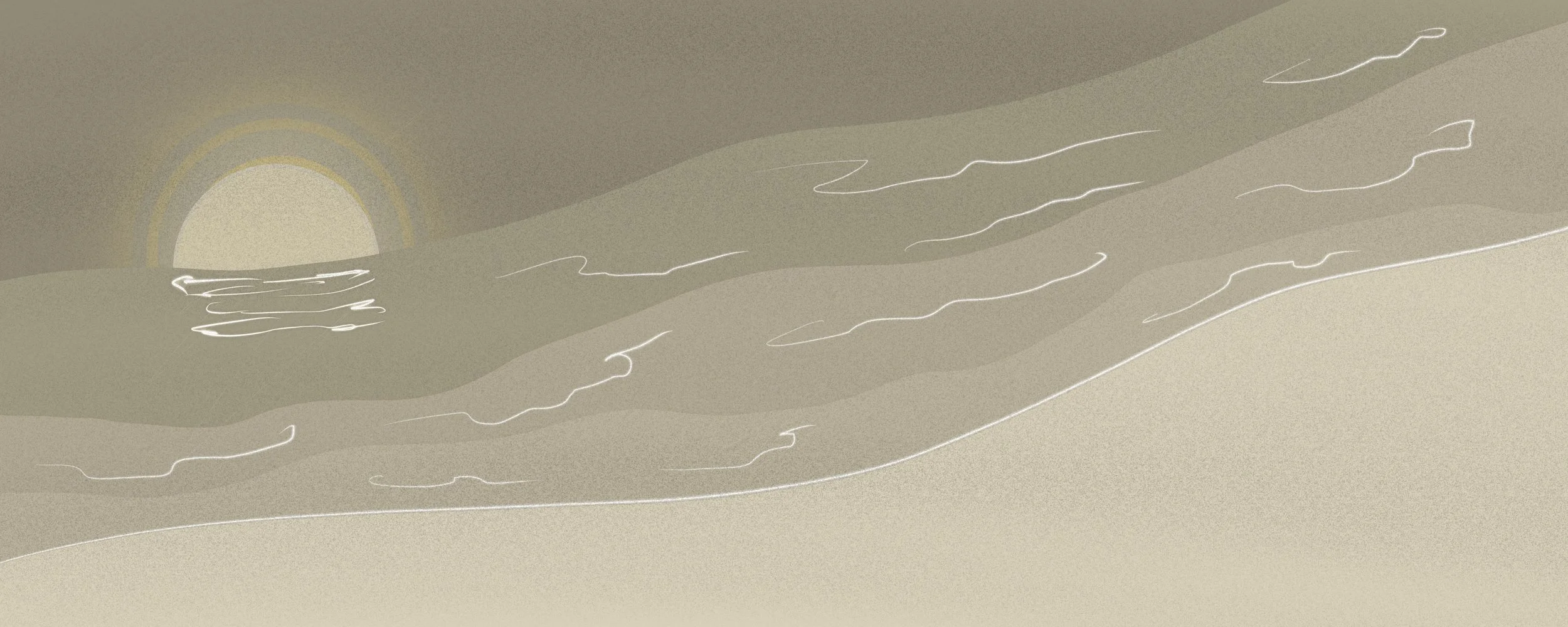 A digital illustration of a sunset scene over the ocean with waves and a sun low on the horizon, using muted and pastel colors.