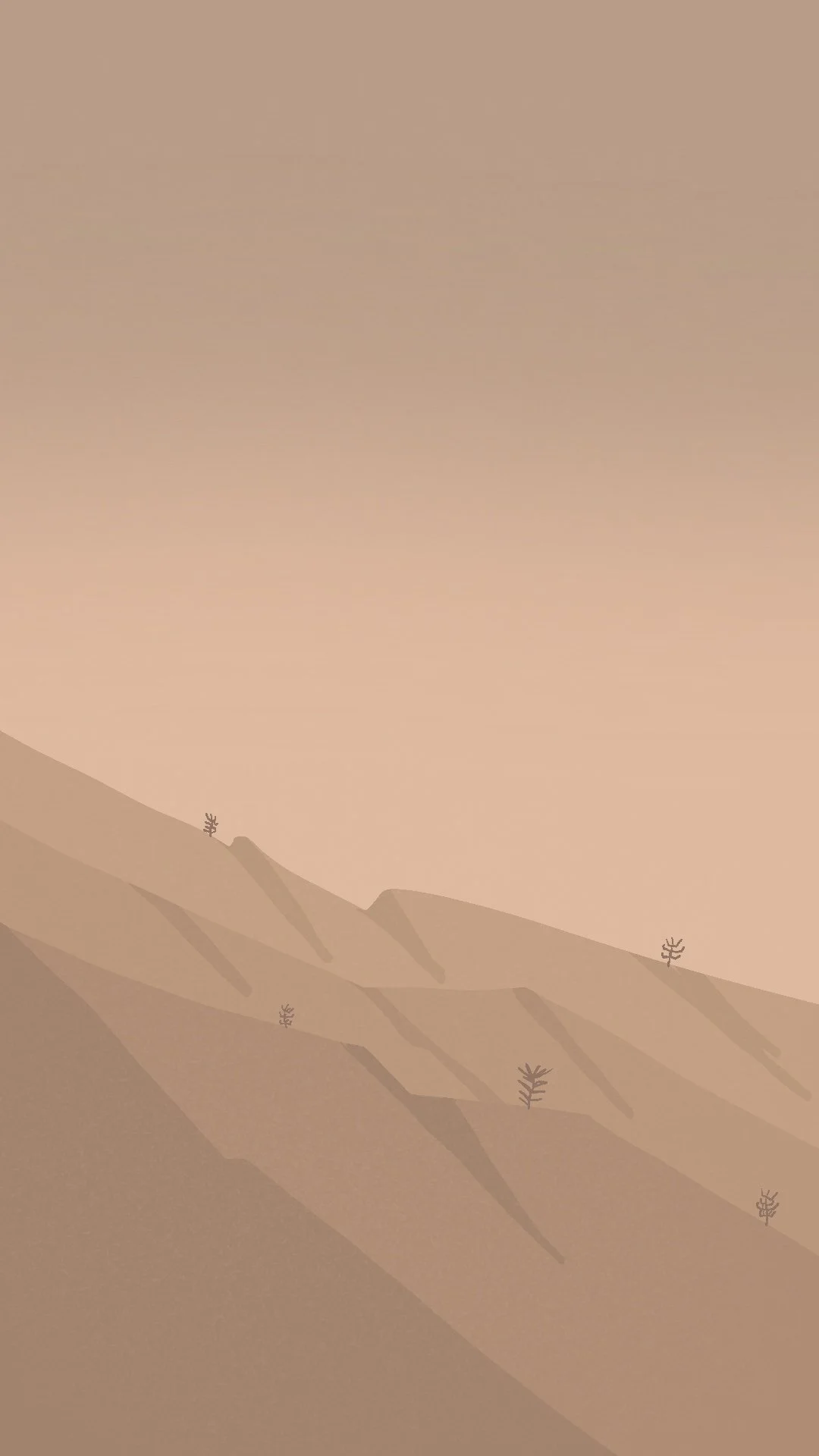 Minimalist digital illustration of a desert landscape with sand dunes and small sparse desert plants under a pinkish sky.