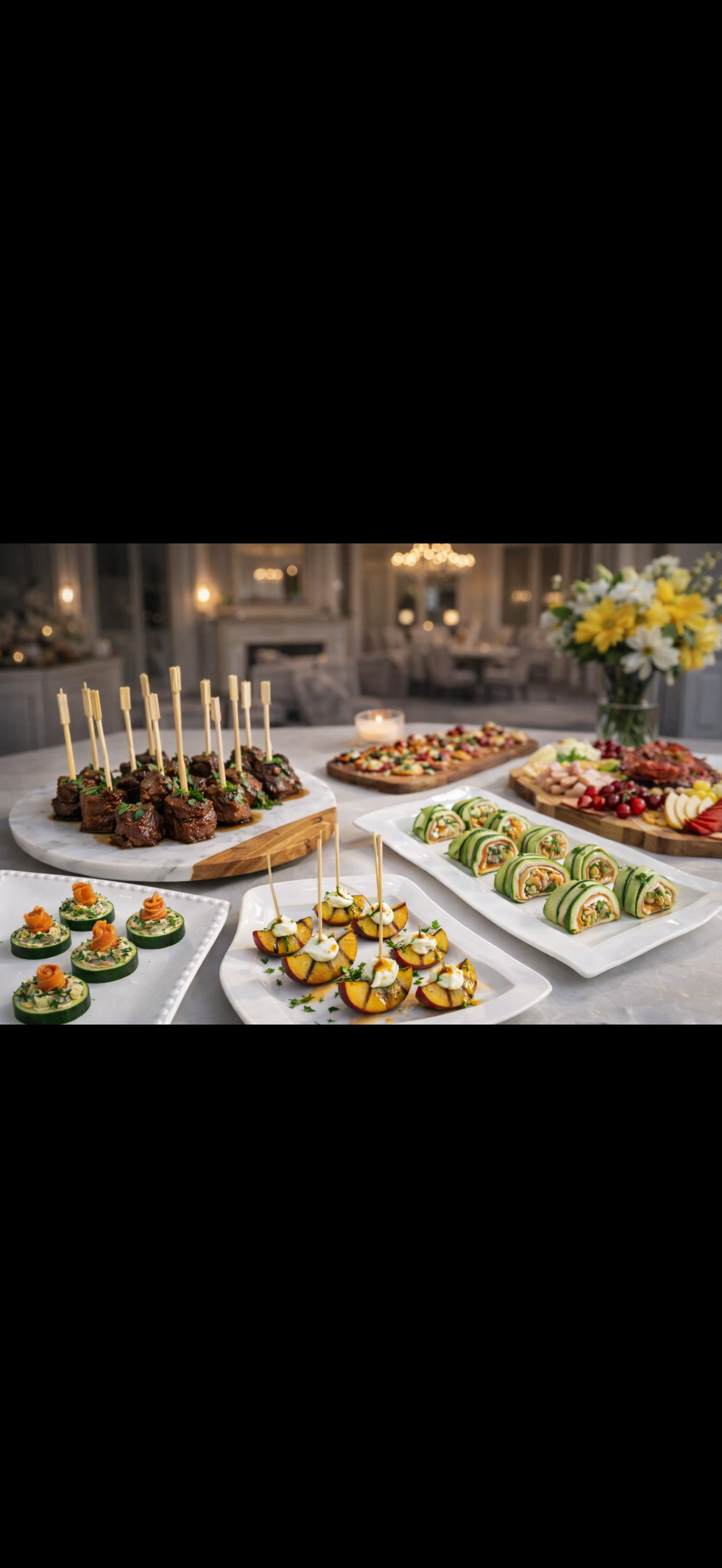 A table set with an assortment of appetizers and charcuterie, including skewered beef, cucumber rolls, stuffed mushrooms, fruit and cheese platter, and sliced vegetables, with a bouquet of yellow and white flowers in the background.