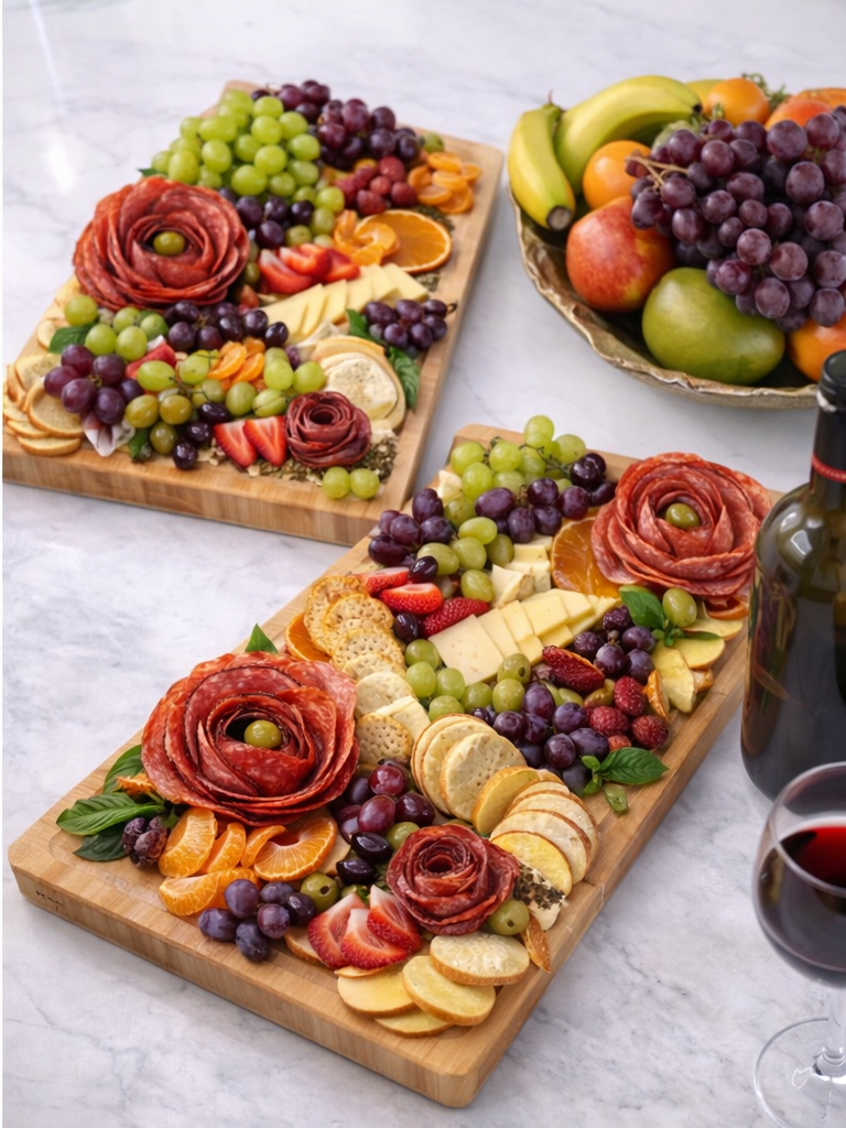 Two wooden charcuterie boards with assorted cheeses, green and purple grapes, strawberries, orange slices, and rolled cured meats shaped like roses, with a bowl of assorted fruits and a bottle of red wine in the background.