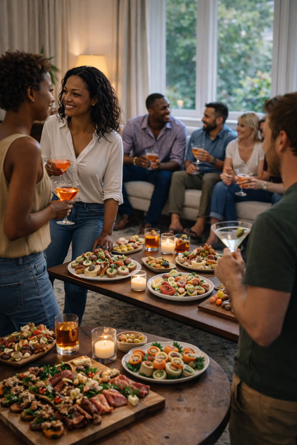 People socializing at a party with food and drinks, including a table full of appetizers and snacks.
