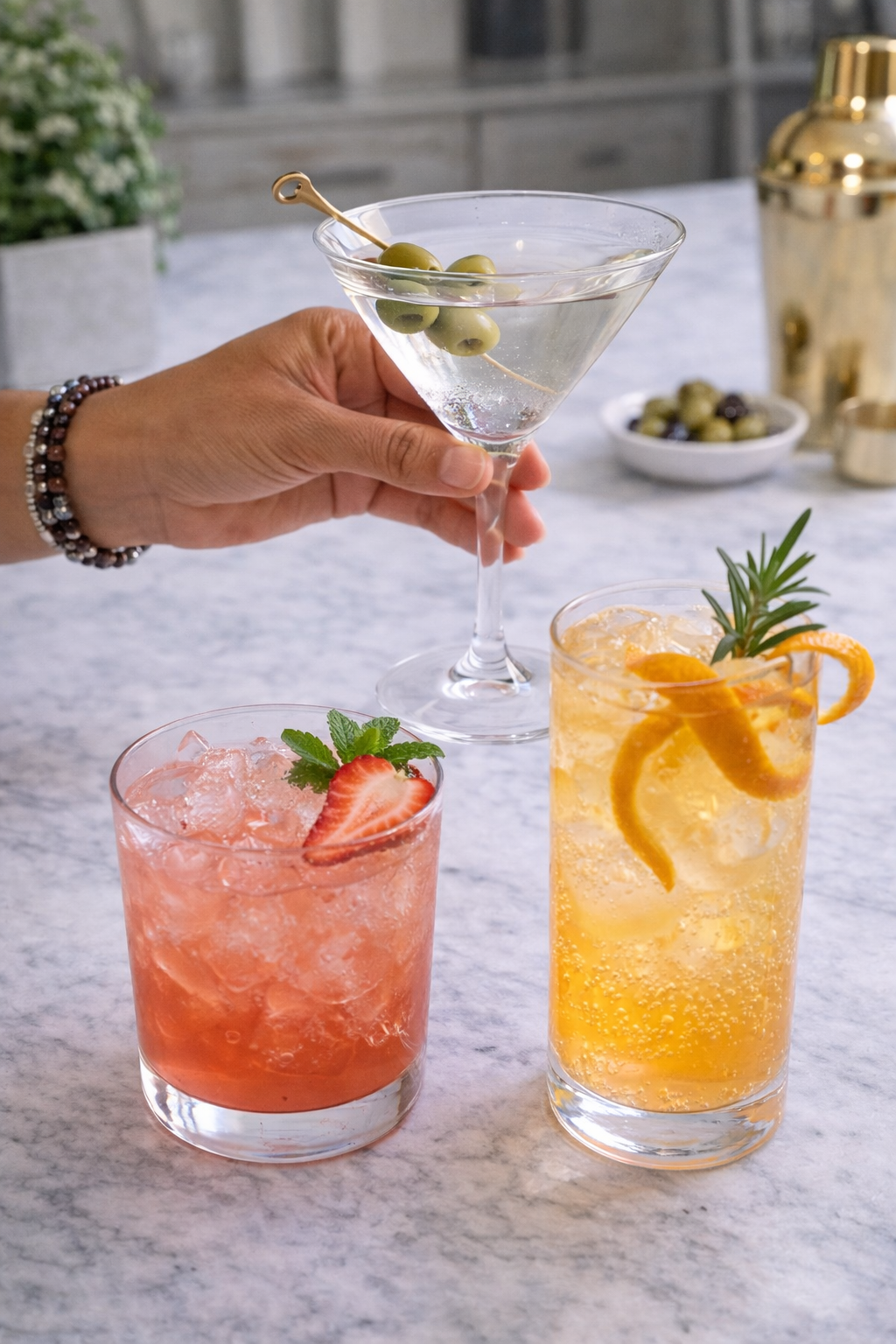 A hand holding a martini glass with green olives. Two colorful cocktails on a marble table, one pink with a strawberry garnish, and one yellow with orange slices and a sprig of rosemary.