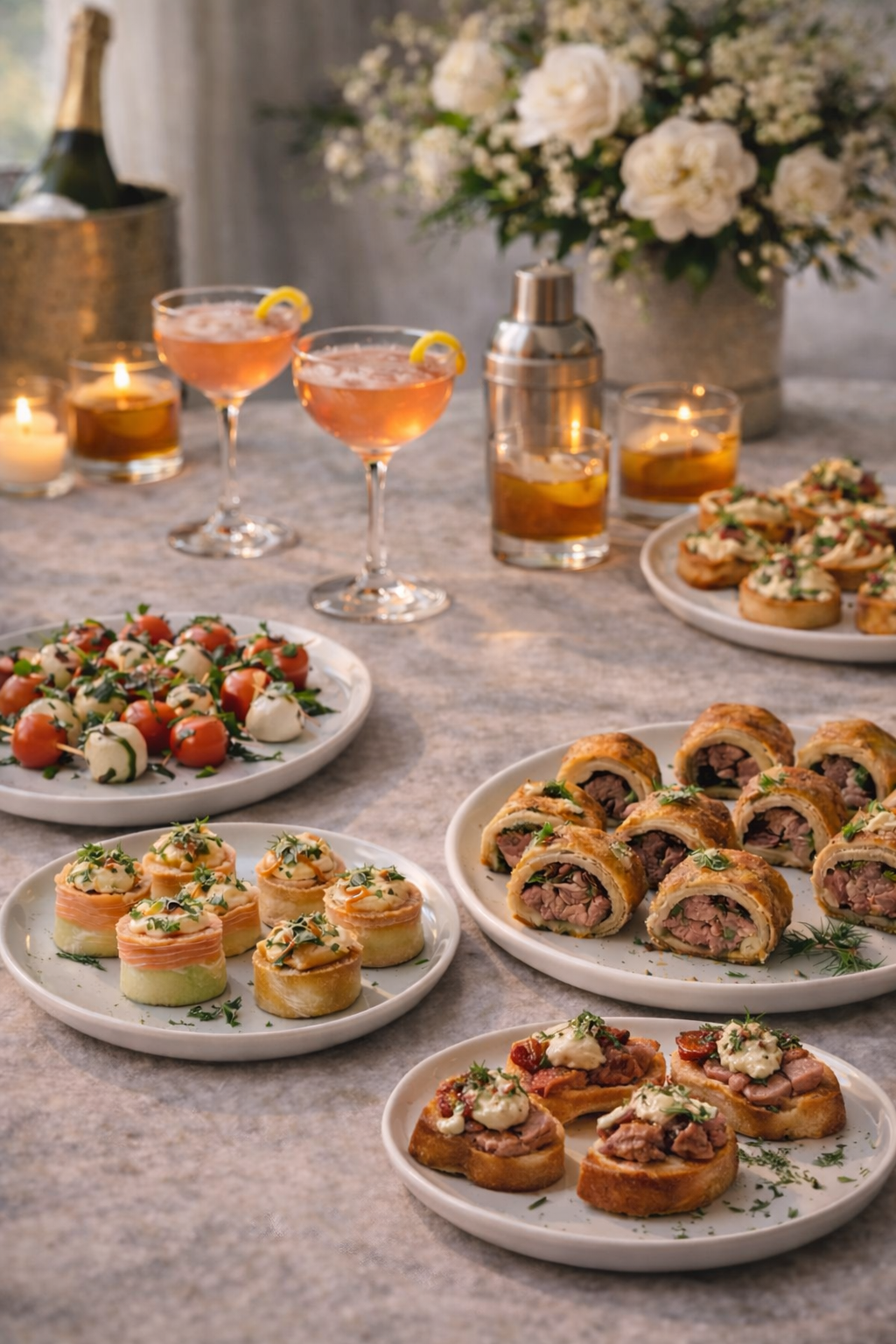 A table set with various appetizers, cocktails, and candles. There are small canapés with toppings like salmon, cream cheese, cherry tomatoes, and herbs, along with different types of meat-filled pastries, and a floral arrangement in the background.