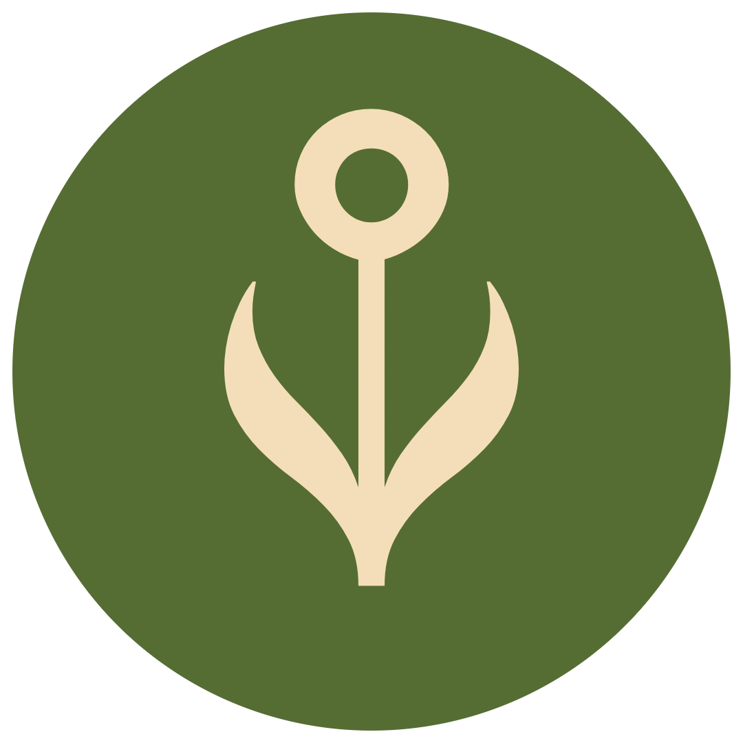 A text flower icon with two leaves and a green circular background.