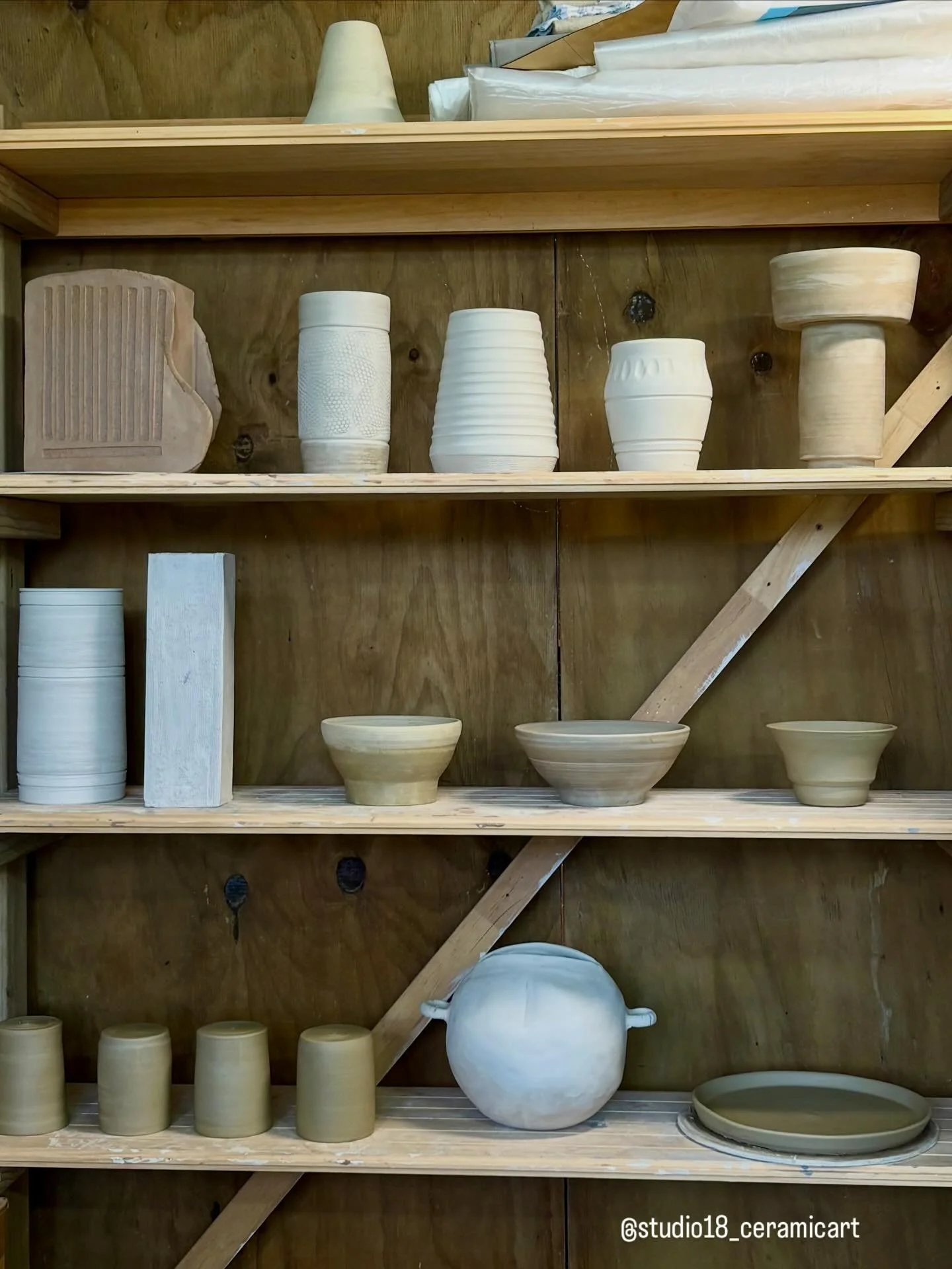 2Jan26 - Sometimes  it&rsquo;s nice just to pause, stop work and reflect on progress. These recent pieces are drying on the shelves waiting for their first firing in the kiln