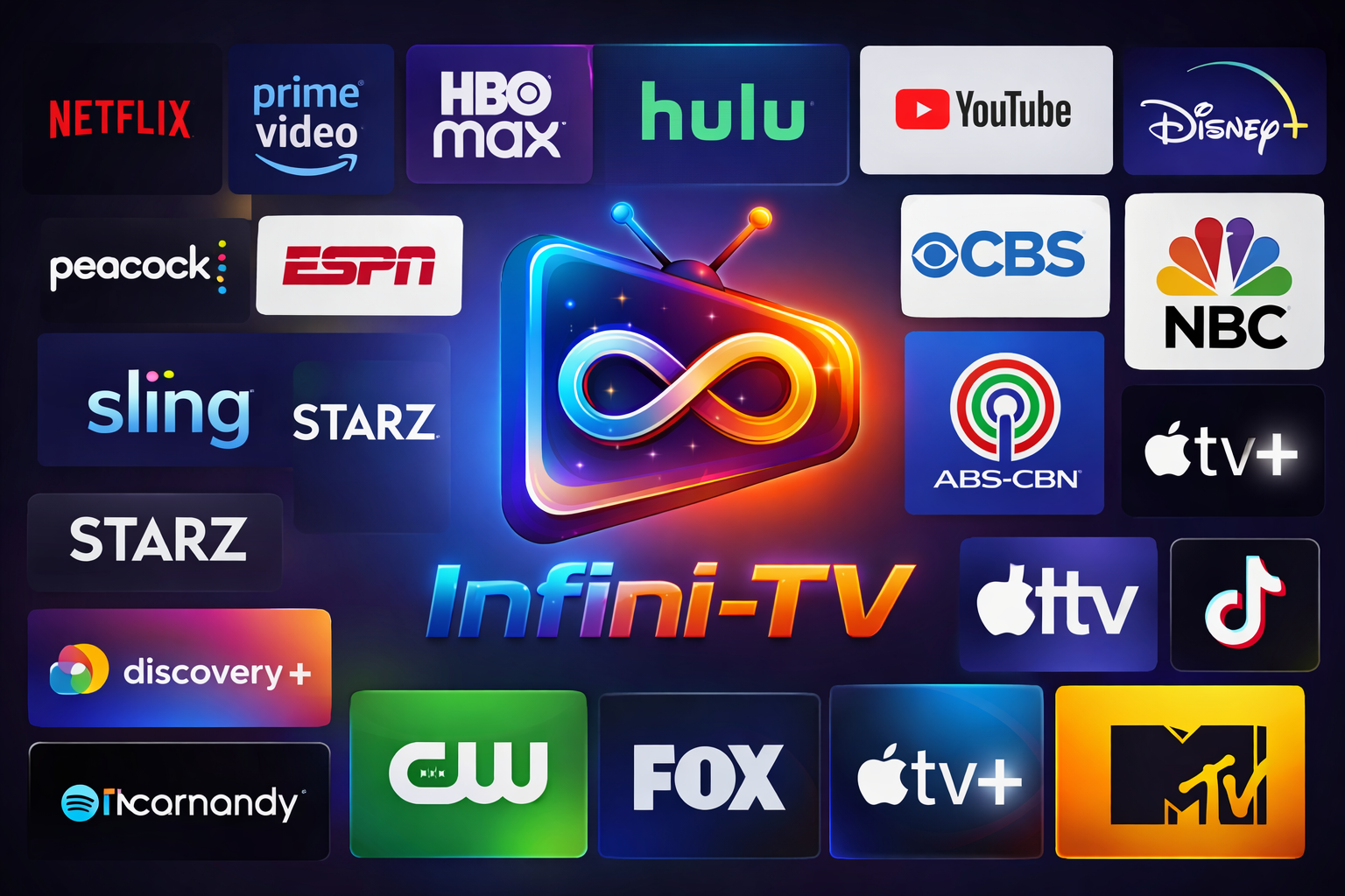 A digital graphic displaying various popular streaming service logos surrounding a colorful television icon with the infinity symbol inside, and the text "Infin-i-TV" in vibrant colors at the bottom center.
