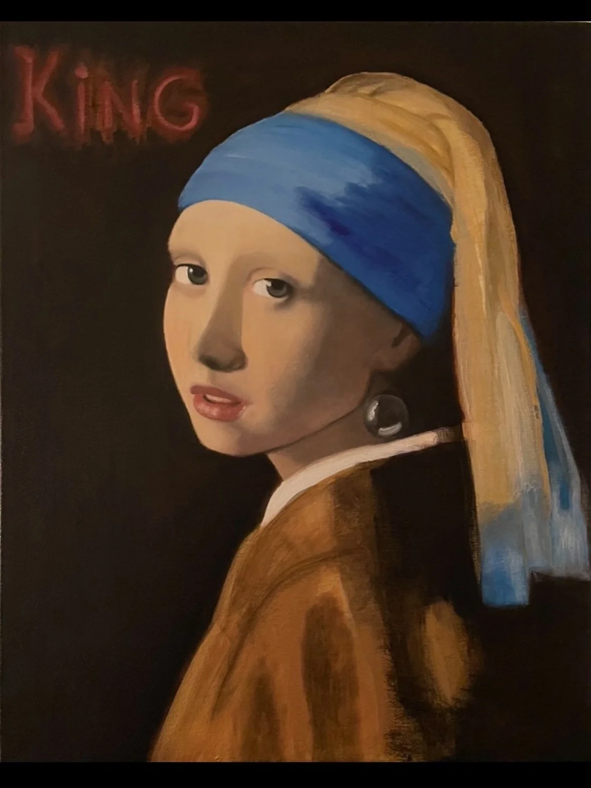 A painting of a woman with a blue headscarf, large black earrings, and a brown coat, with the word 'KING' in red neon lights in the background.