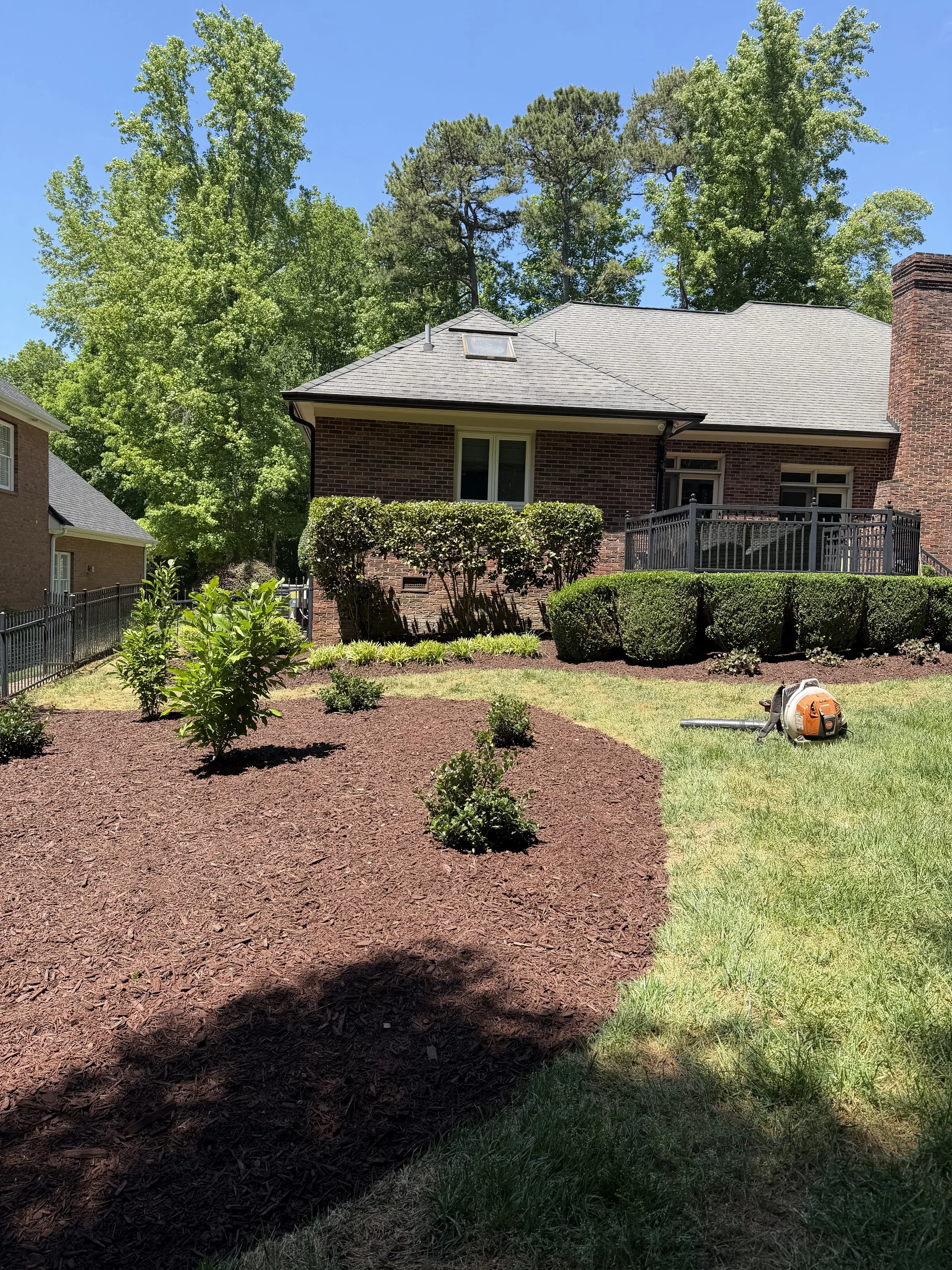 A backyard with freshly planted landscaping, a black railing on a porch, bushes, small plants, a lawn, and a leaf blower on the grass, with a brick house and tall trees in the background.