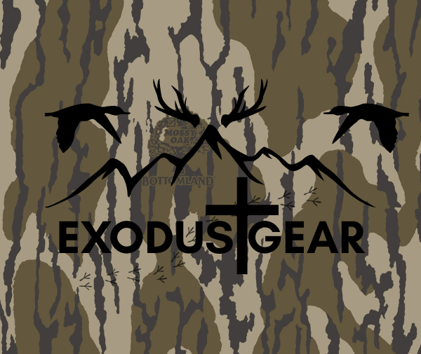 Camouflage background with a mountain range outline, a skull with antlers, and the text 'Exodus Gear'.
