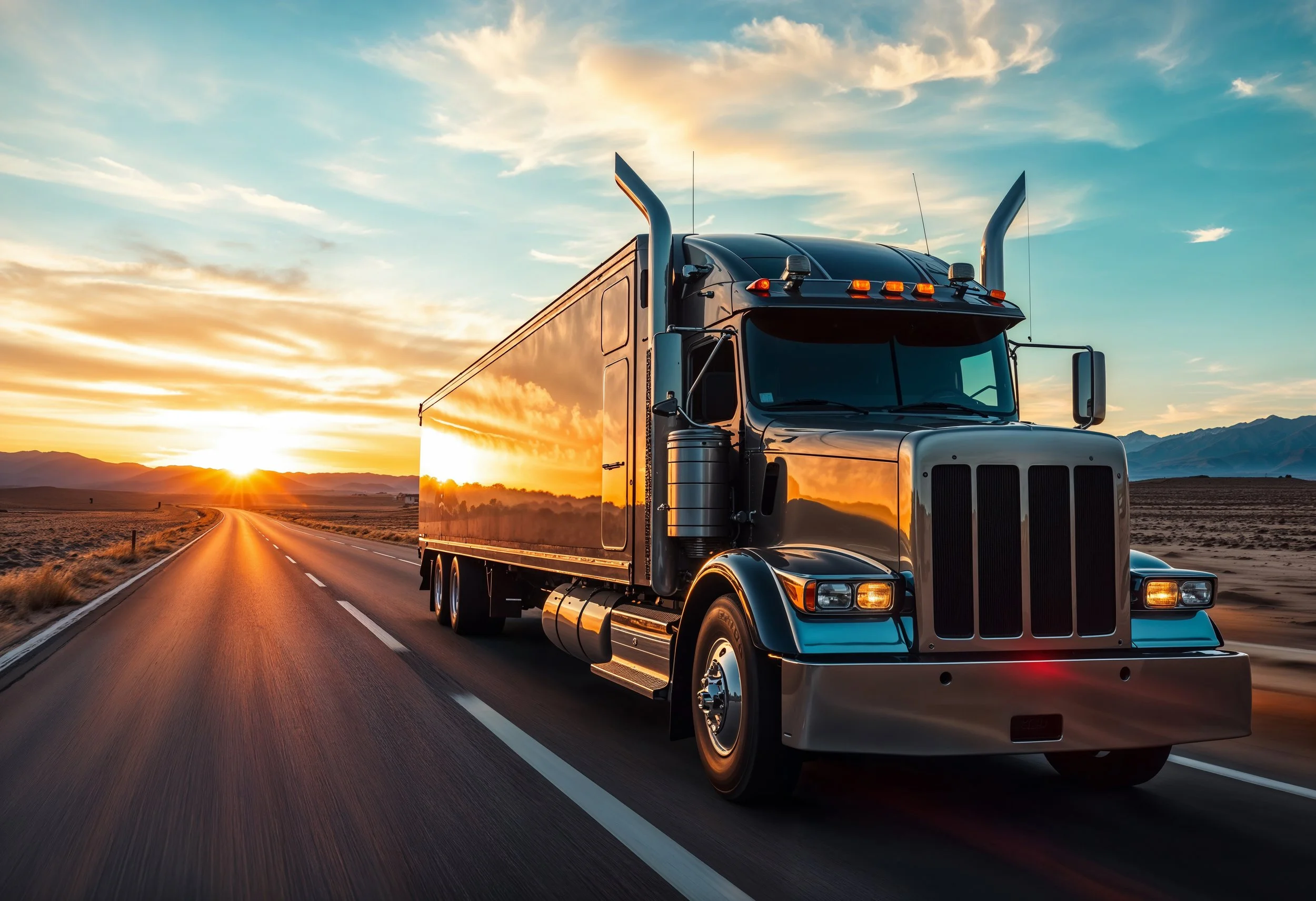 A black semi-truck driving on an open highway at sunset, with mountains in the distance.