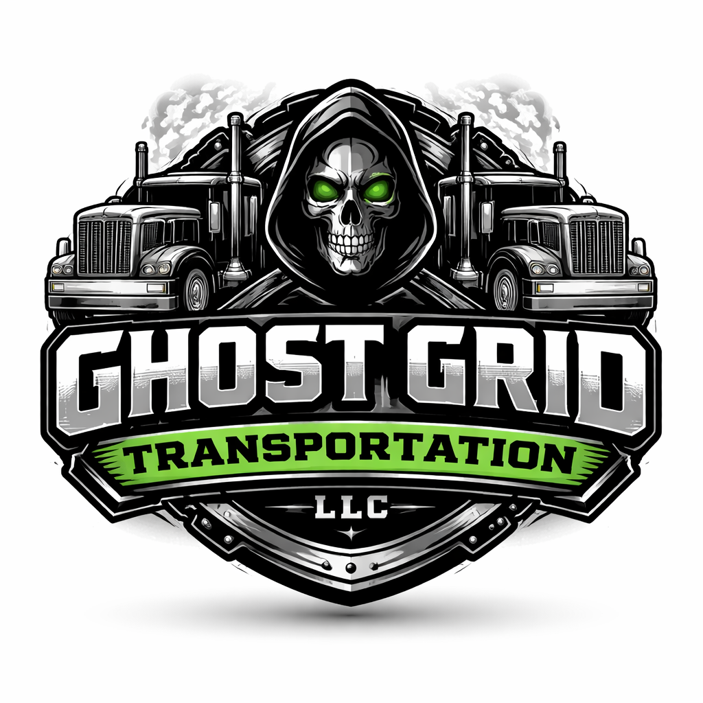 A logo for Ghost Grid Transportation LLC featuring a skull with glowing green eyes wearing a hood, with two semi-trucks in the background, and the company name in bold, stylized lettering.