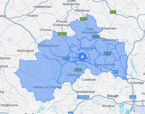 Map of the Greater London area showing districts including Waltham Forest, Ealing, Hillingdon, Harrow, and Barnet, highlighted in blue with district boundaries.