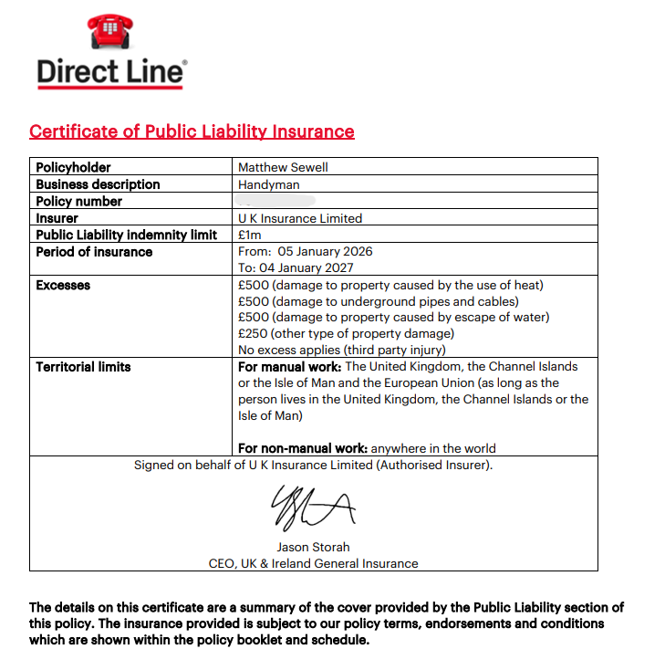 A document titled 'Certificate of Public Liability Insurance' from Direct Line, listing policyholder information, coverage details, and territorial limits, signed by Jason Storah.