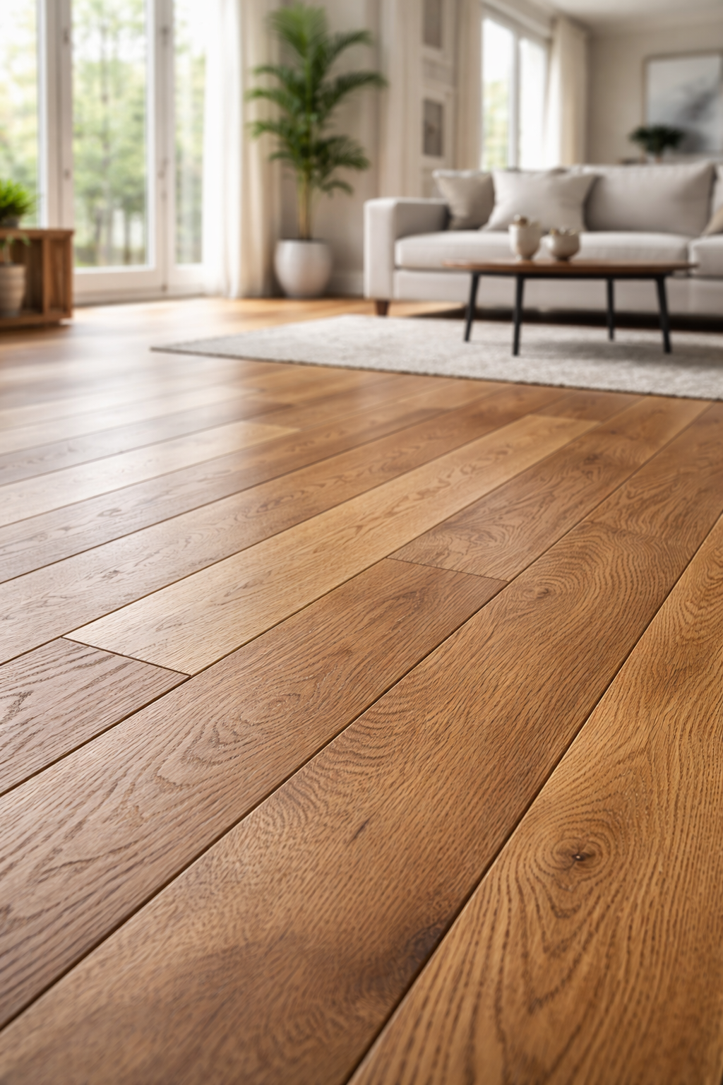 Close-up of engineered hardwood flooring installed in a Bay Area home