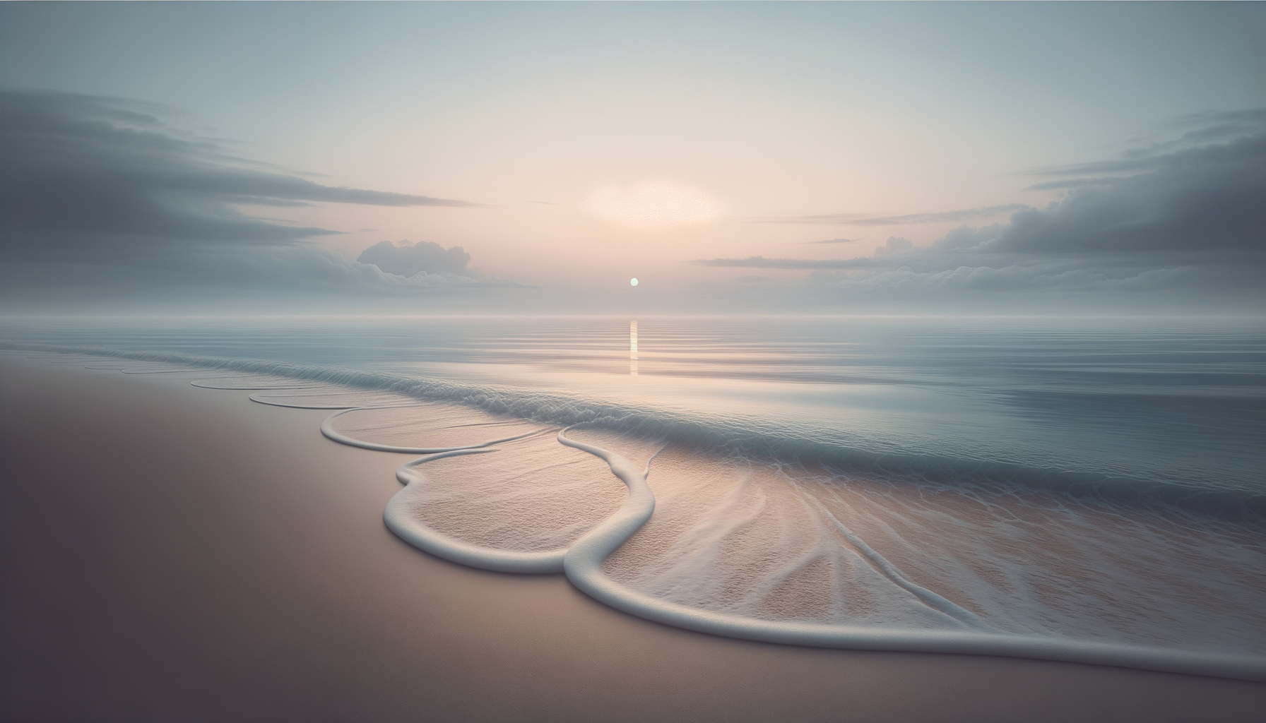 A serene beach scene at sunrise with gentle waves washing onto the sandy shore, calm water reflecting the sky, and a faint sun near the horizon.