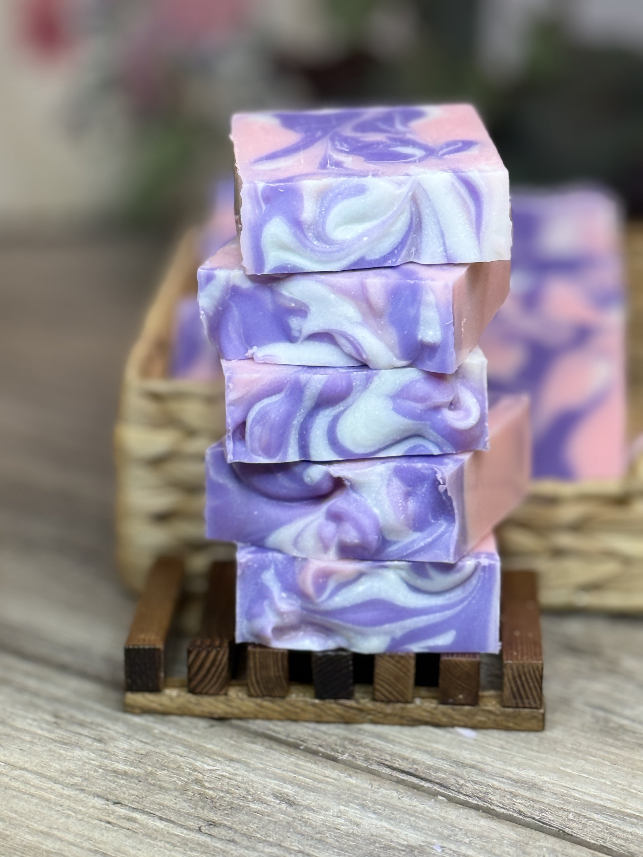 Wisteria lilac scented natural soap with petal-inspired swirls