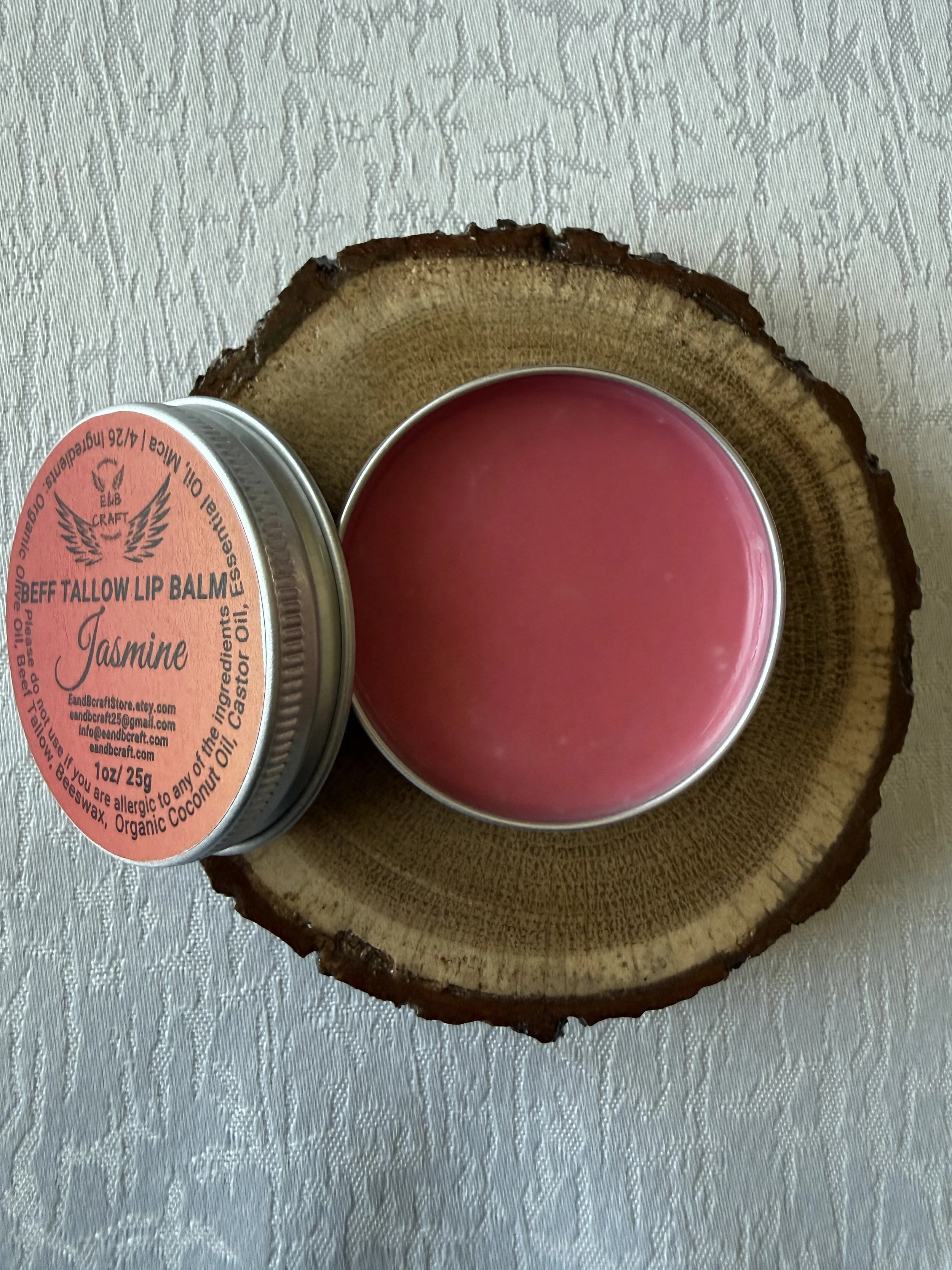 Red tinted beef tallow lip balm open tin creamy texture natural bold shine