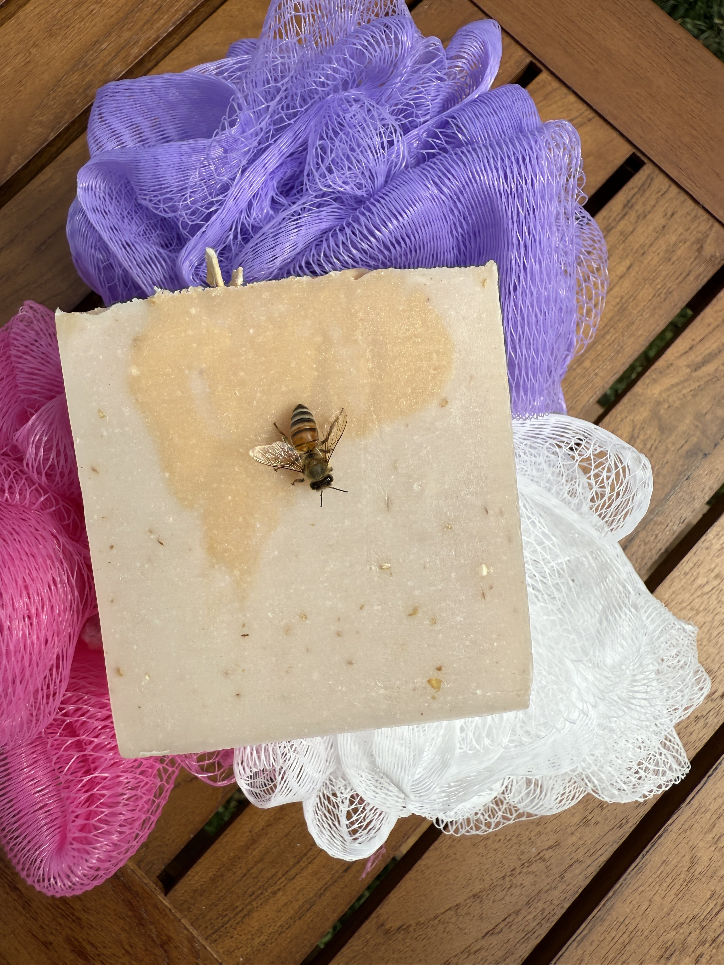 A bee resting on a block of soap placed on colorful mesh scrubbers in purple, white, and pink, on a wooden surface.