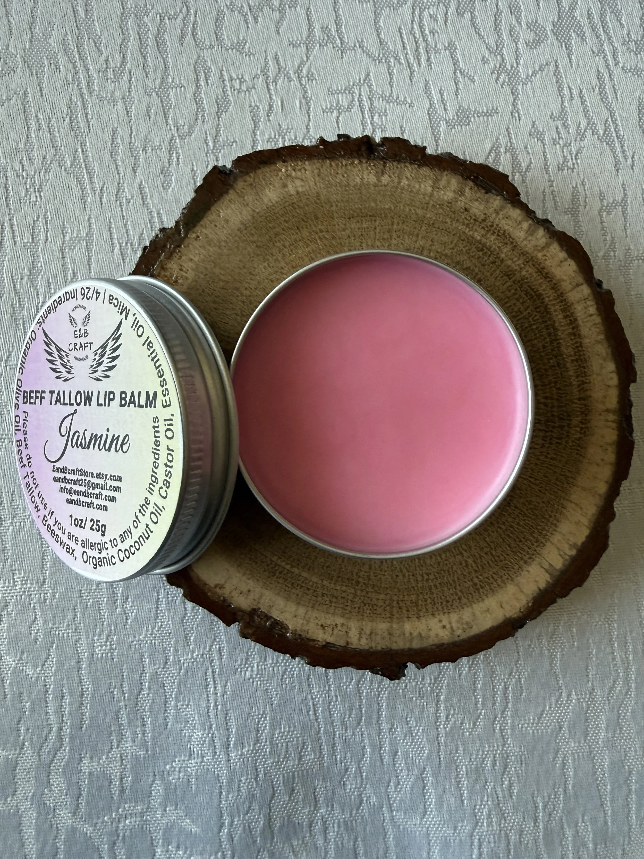 Pink tinted beef tallow lip balm open tin soft creamy natural moisture