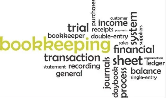 Word cloud with terms related to bookkeeping and accounting such as 'bookkeeping', 'system', 'financial', 'transaction', 'sheet', 'journal', 'balance', and 'process'.