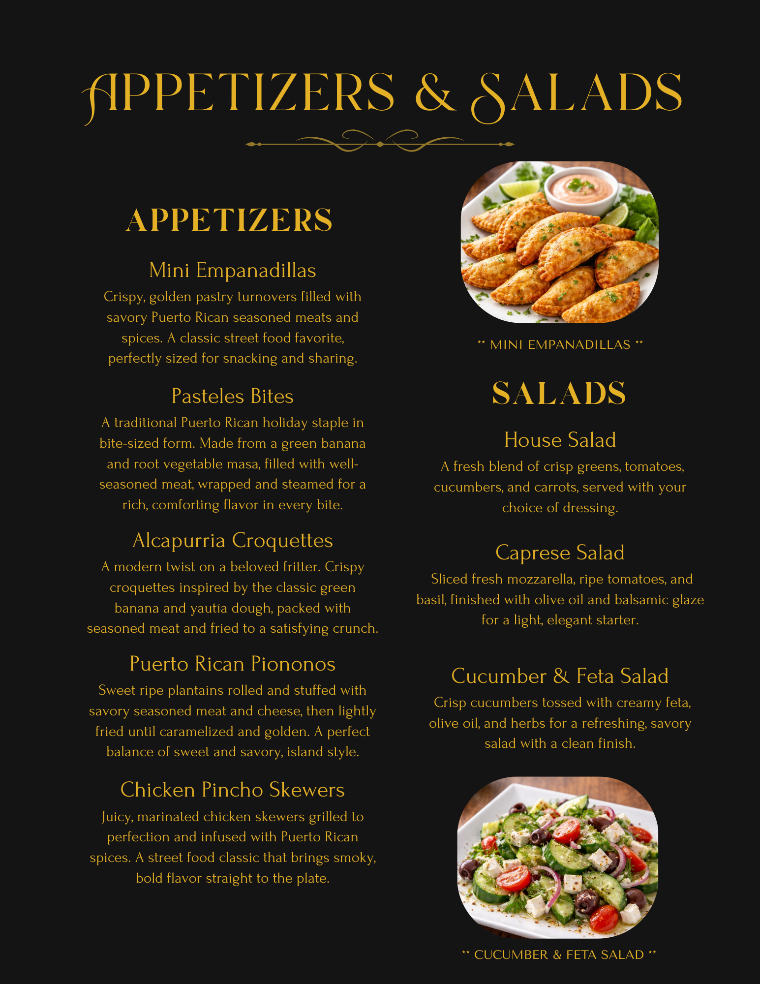 A menu poster titled "Appetizers & Salads" with images of a plate of fried Puerto Rican empanadillas and a cucumber and feta salad, featuring gold and black design elements.