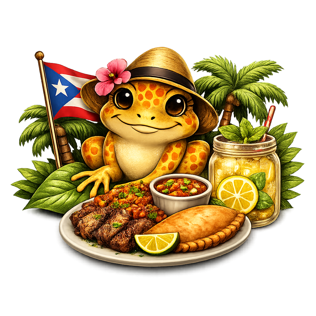 Adorable cartoon gecko wearing a hat with a pink flower, surrounded by palm trees, holding a Puerto Rican flag, with a plate of fried chicken, beans, lemon slices, a glass jar of lemonade with mint and lemon slices, and a small bowl of beans.