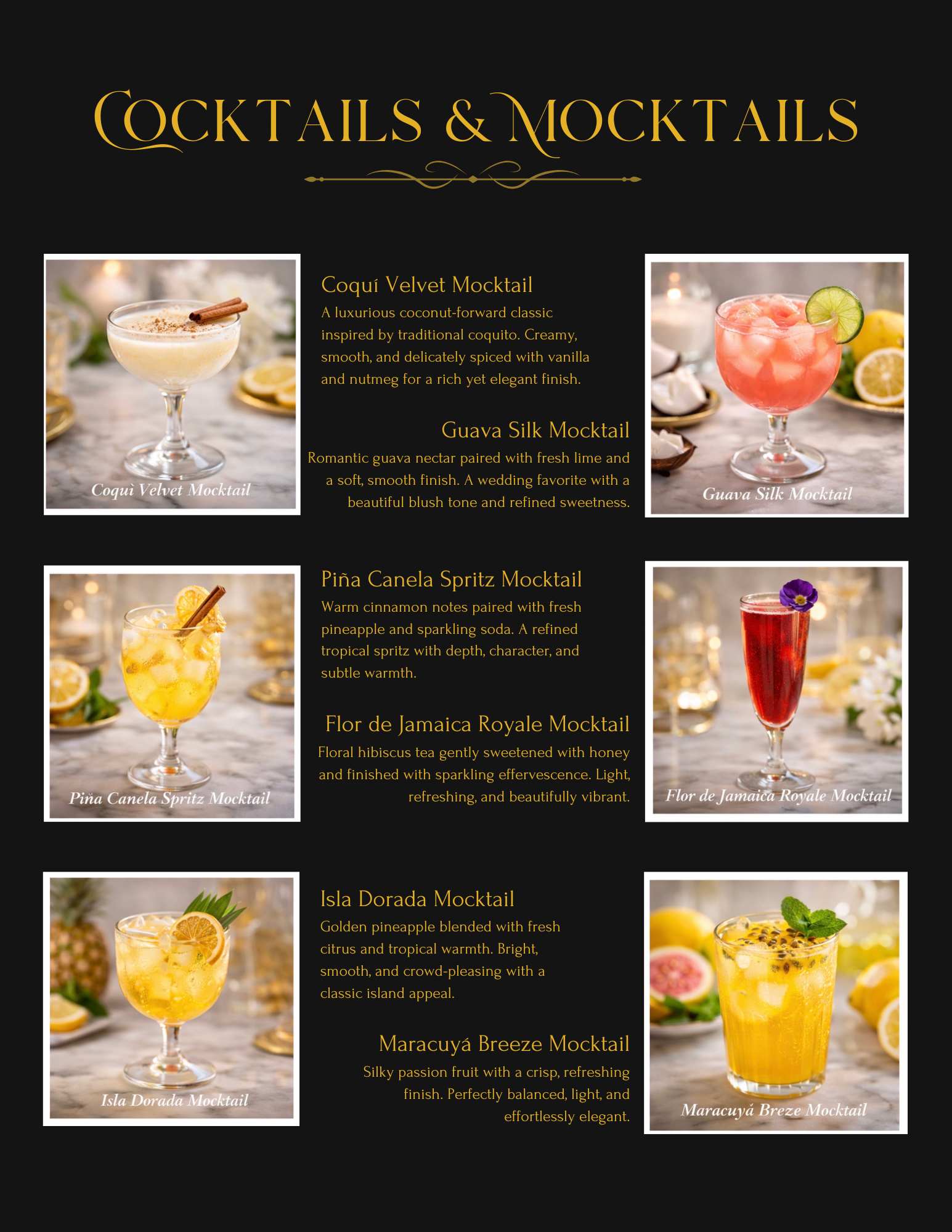 A menu page titled 'Cocktails & Mocktails' featuring photos and descriptions of six drinks: Coqui Velvet Mocktail, Guava Silk Mocktail, Piña Canela Spritz Mocktail, Flor de Jamaica Royale Mocktail, Isla Dorada Mocktail, and Maracuyá Breeze Mocktail. The photos show colorful beverages in elegant glassware with garnishes, set against a blurred background with candles and flowers.