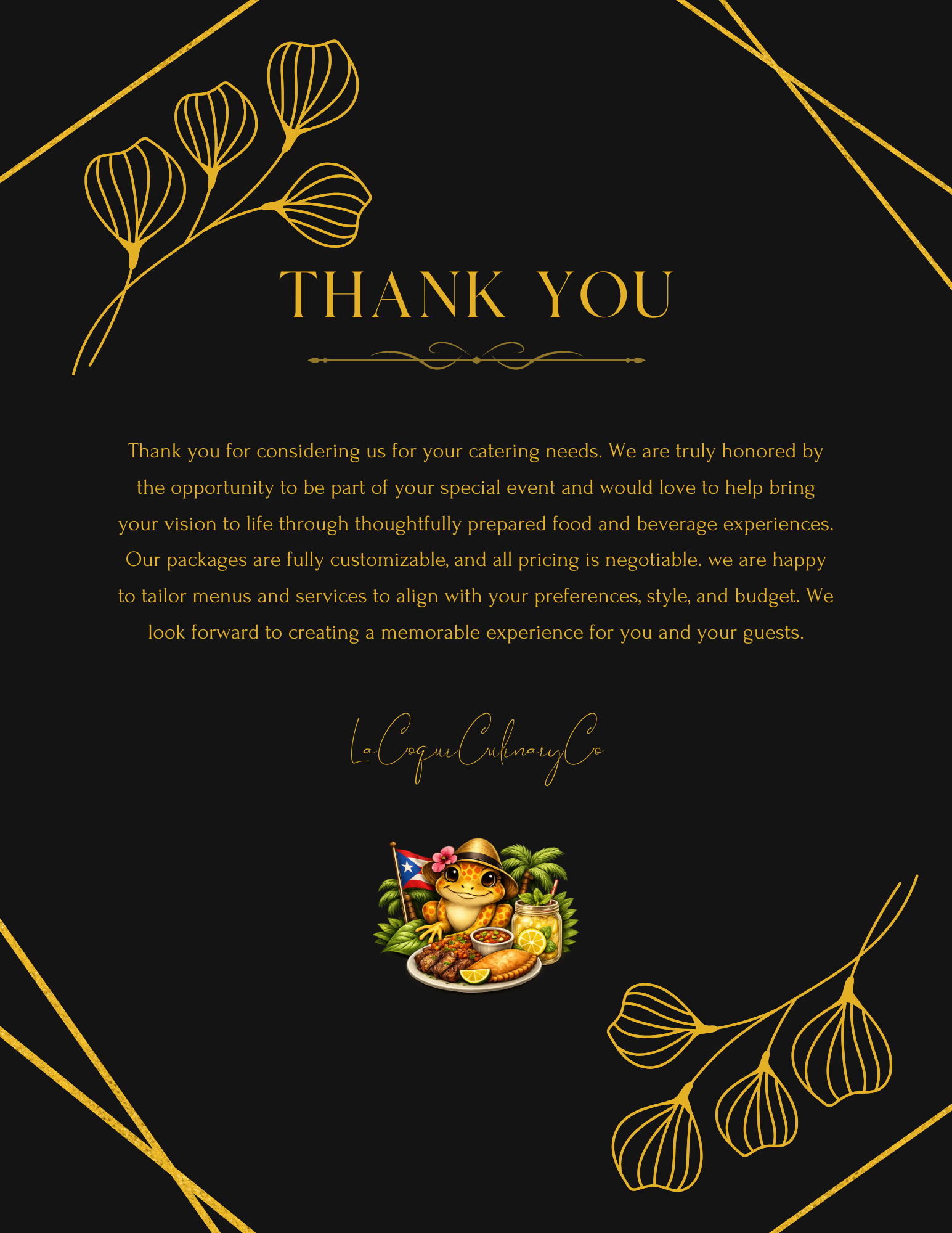 Thank you card with gold floral accents, featuring a cartoon frog with a Puerto Rican flag, surrounded by food and beverages, on a black background.