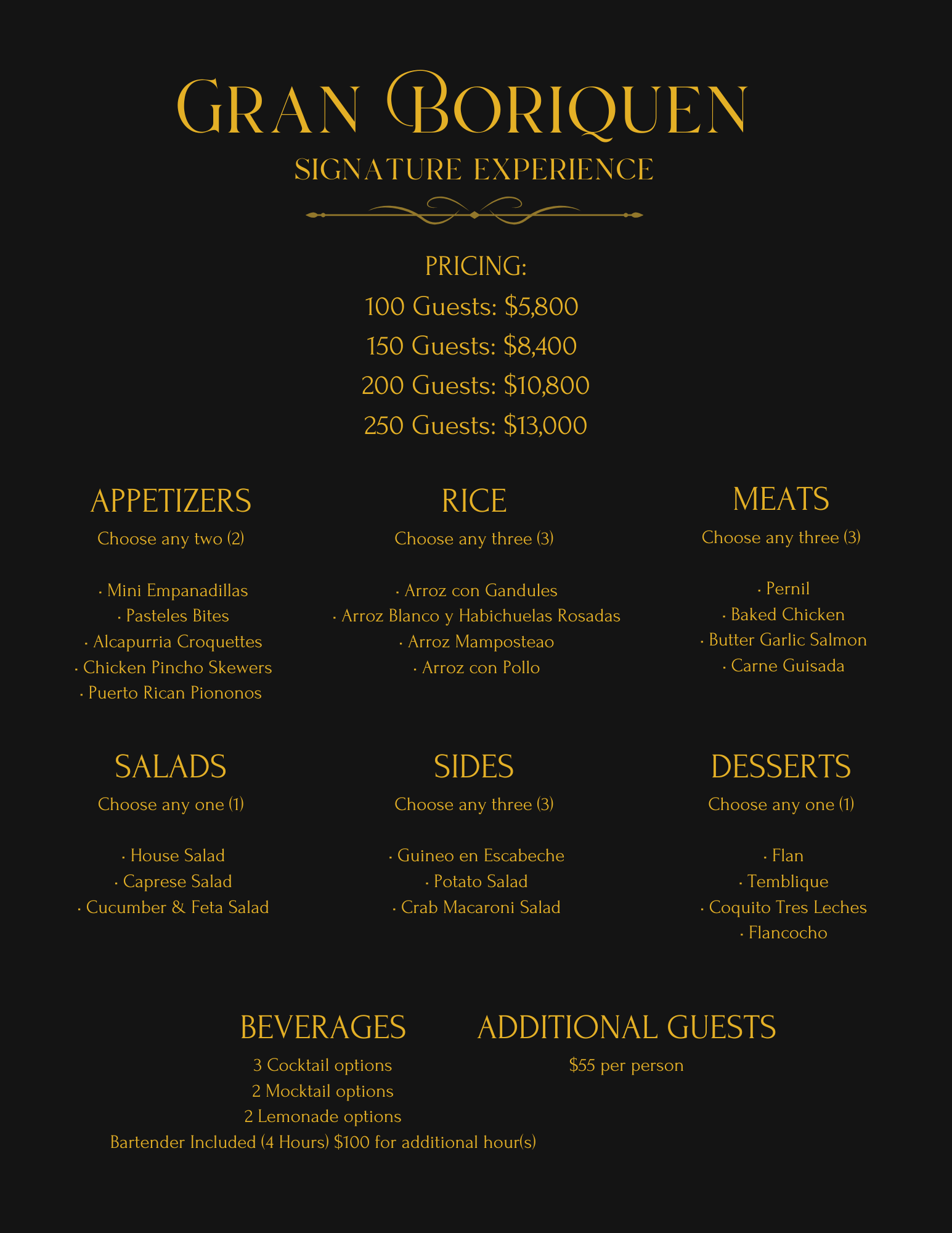 Menu for Gran Boriquen Signature Experience with pricing, appetizers, rice, meats, salads, sides, desserts, beverages, and additional guest options.