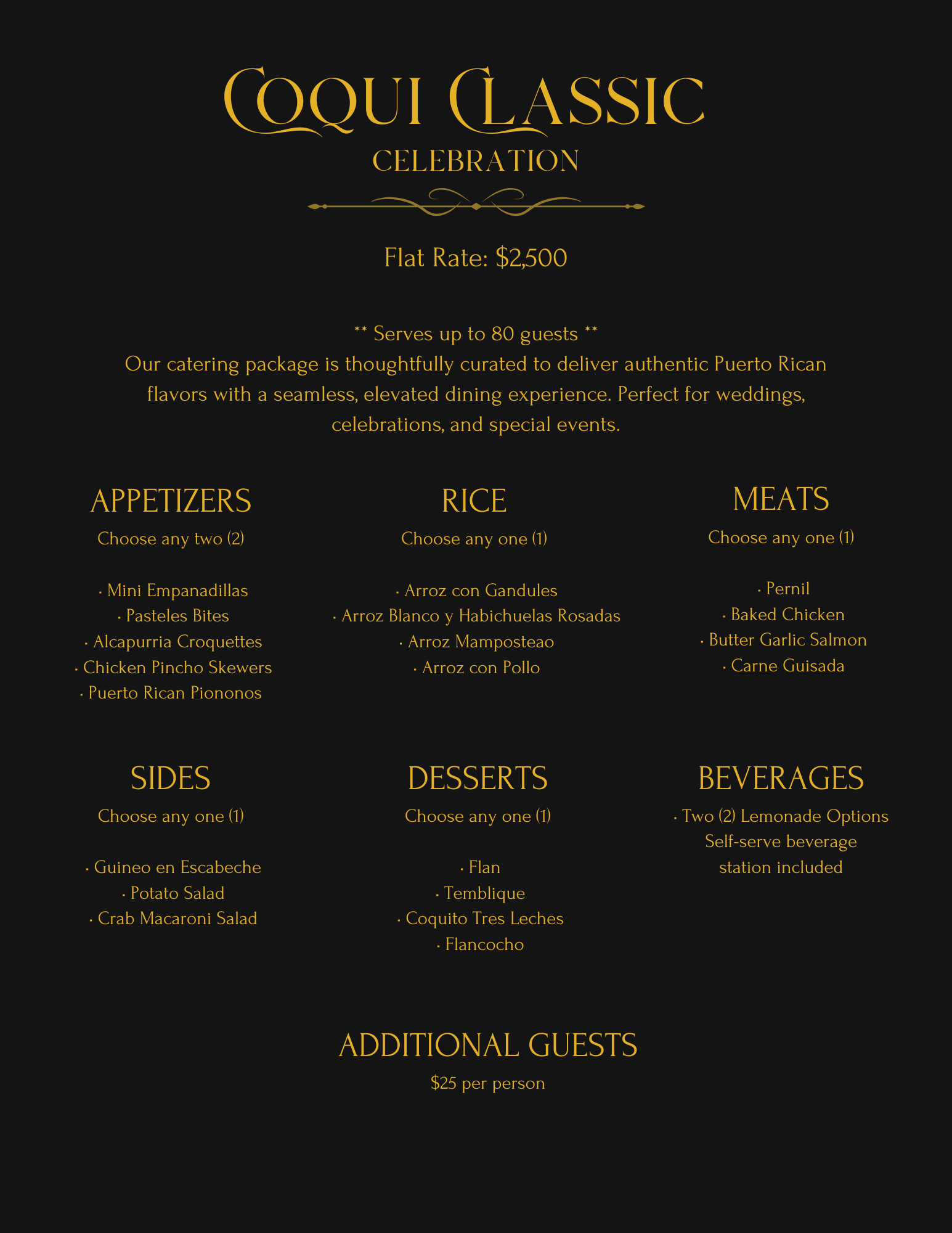 Menu for Coqui Classic Celebration featuring a flat rate of $2500, serving up to 80 guests. Includes options for appetizers (Mini Empanadillas, Pasteles Bites, Alcapurria Croquettes, Chicken Pincho Skewers, Puerto Rican Piononos), rice dishes (Arroz con Gandules, Arroz Blanco y Habichuelas Rosadas, Arroz Mamposteao, Arroz con Pollo), meats (Pernil, Baked Chicken, Butter Garlic Salmon, Carne Guisada), sides (Guineo en Escabeche, Potato Salad, Crab Macaroni Salad), desserts (Flan, Tembleque, Coquito Tres Leches, Flancocho), and beverages (two lemonade options, self-serve). Additional guests cost $25 per person.