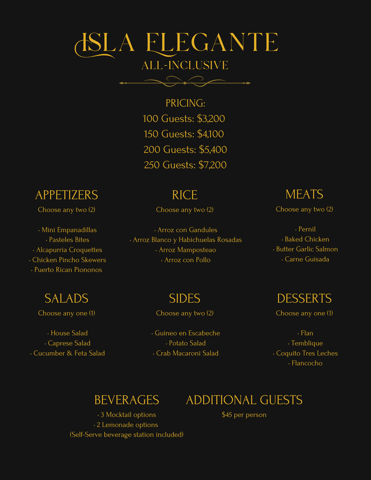 Menu board for Isla Elegante all-inclusive resort, listing pricing based on number of guests, food options including appetizers, rice dishes, meats, salads, sides, desserts, beverages, and additional guest fee.