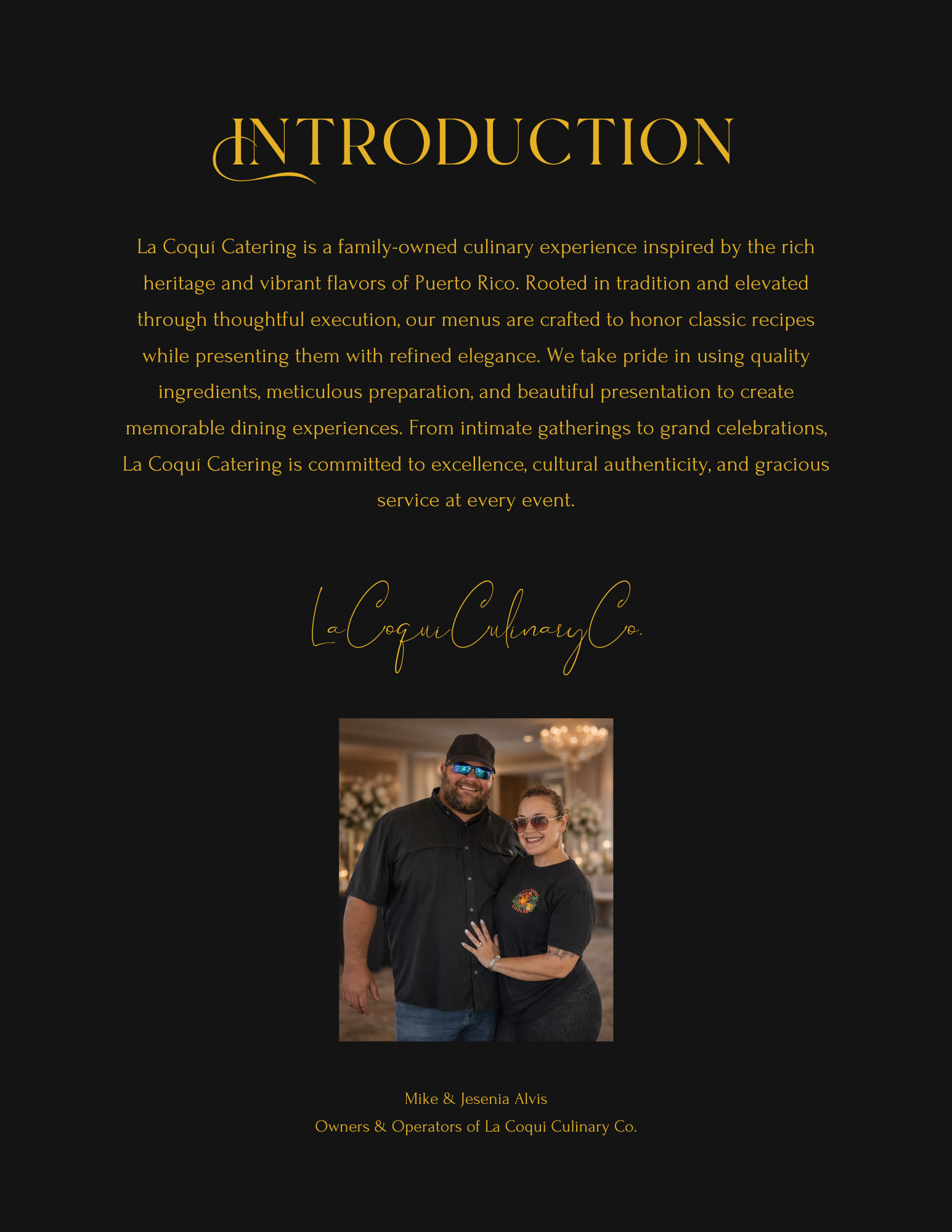 Introduction page of La Coquí Catering, featuring a paragraph description of the business, a gold signature-style logo, and a photo of Mike and Jesenia Alvis, owners and operators, smiling together.