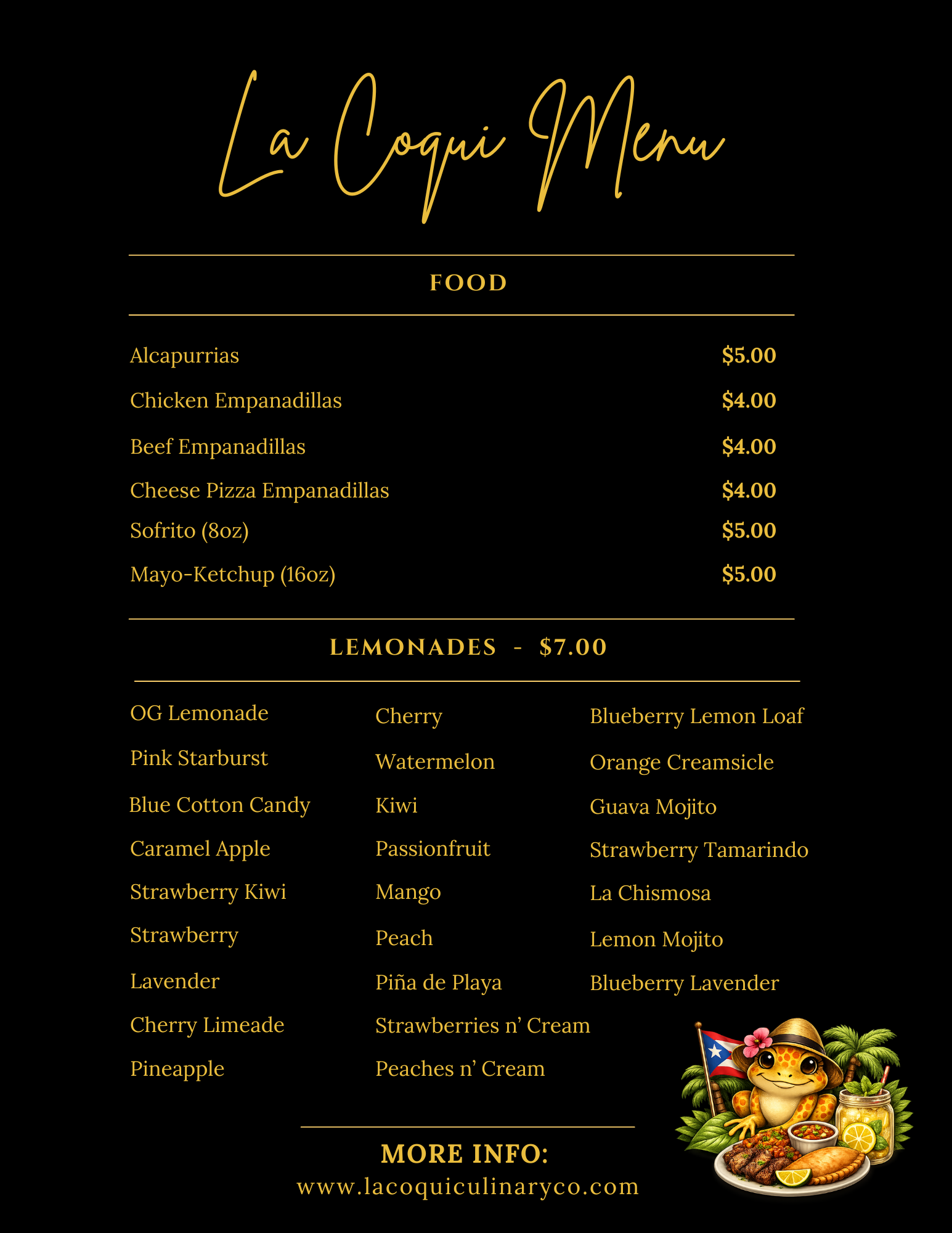 Menu titled 'La Coqui Menu' featuring food options and prices, including various empanadas, Sofrito, and mayo-ketchup, along with a list of lemonades with different flavors, and an illustration of a frog with Puerto Rican flag, tropical drink, and food on a plate at the bottom right corner.
