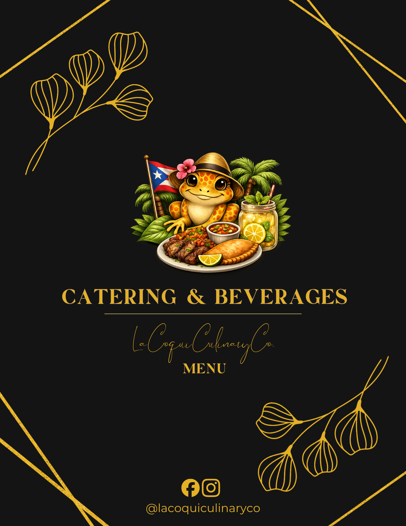 Catering menu cover featuring a cartoon frog in a hat with a Puerto Rican flag, surrounded by tropical leaves, and displaying dishes like grilled meat, fish, salsa, lemon slices, and a lemon drink, with text "Catering & Beverages" and La Coqui Culinary Co.