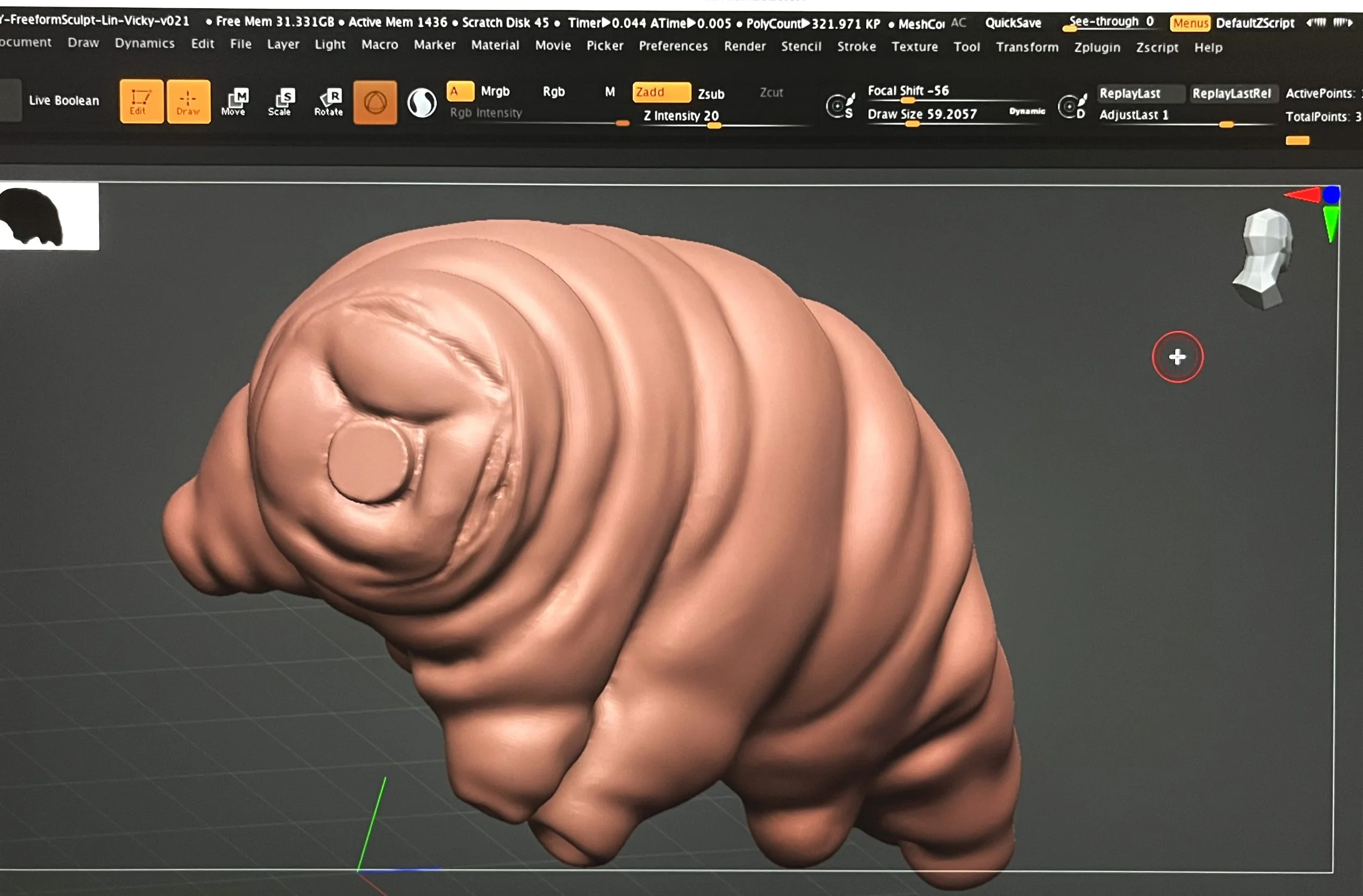 I refined the organic contours on the tardigrade body using DynaMesh. Then, I retopologized (ZRemesher) and subdivided the mesh to carve out the finer details such as the face.