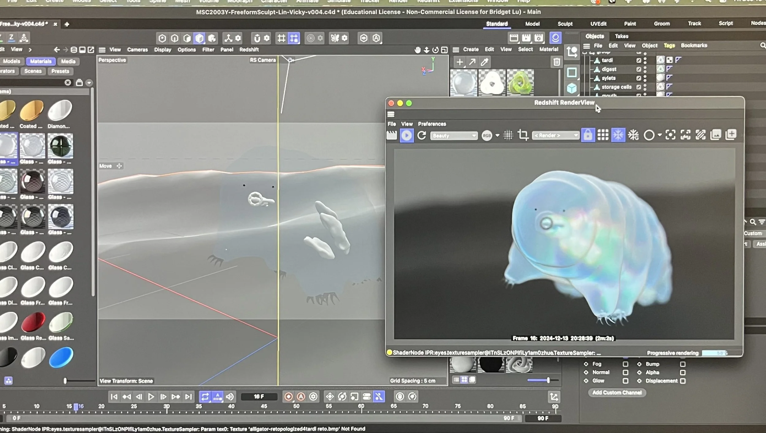 I assigned a frosted glass material to the tardigrade body to make the insides look visible, yet hazy.