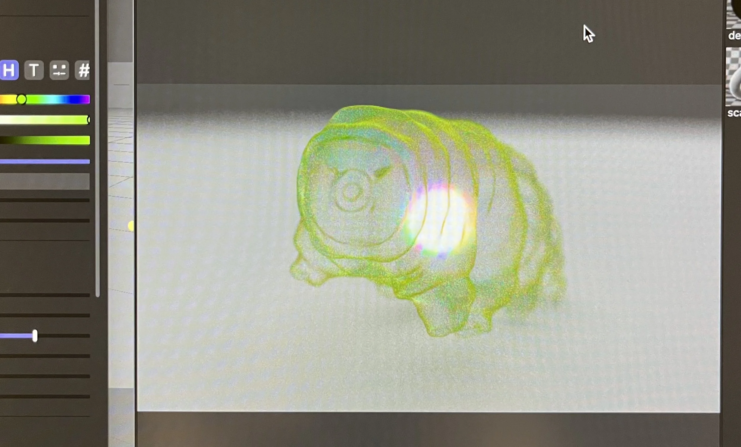After importing the model into Cinema 4D, I experimented with material nodes to create a glowing chromatic aberration/refractive effect for the internal objects.