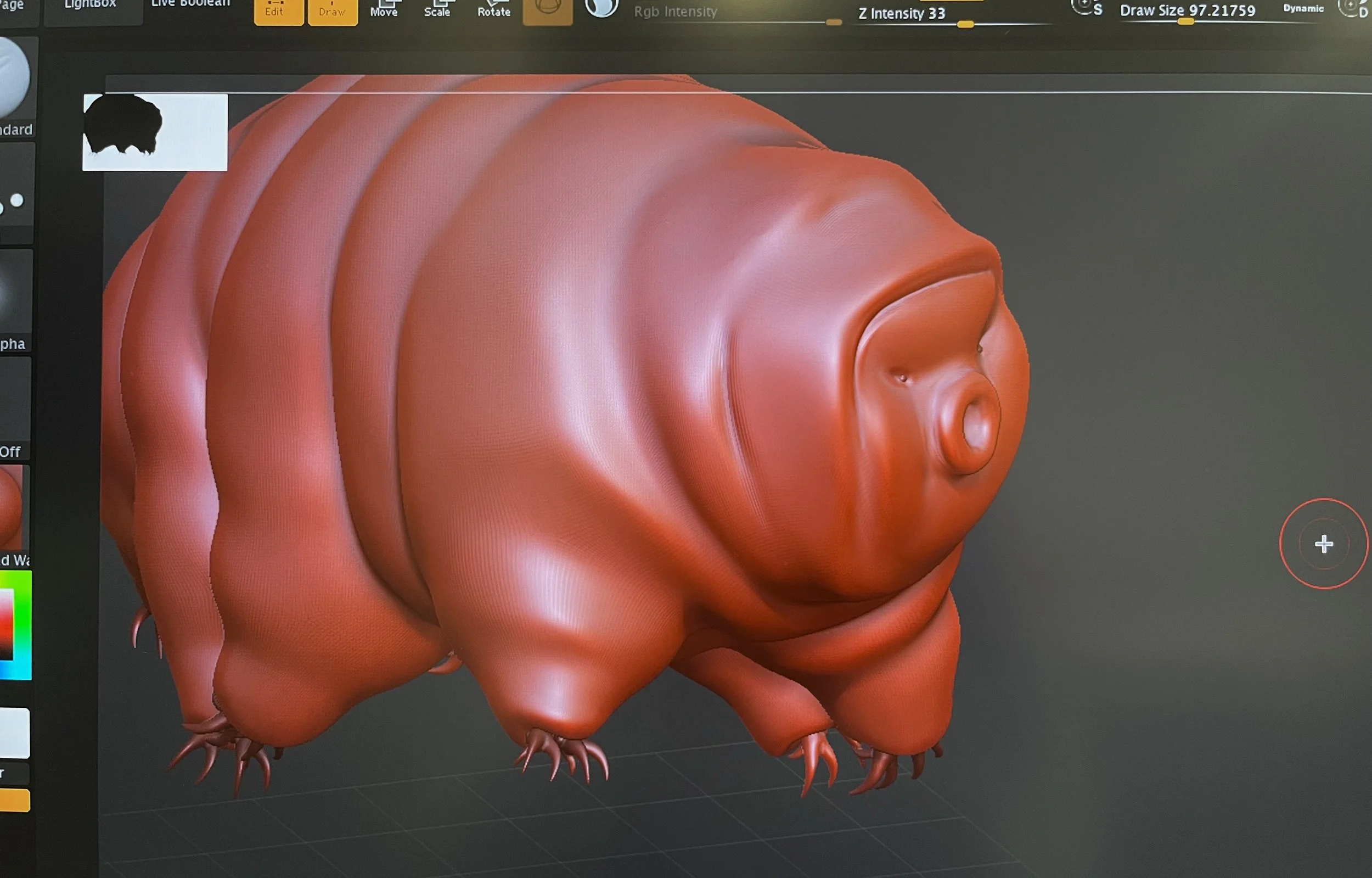 What does a soft-bodied object look like when it stretches or folds? Close-up of the tardigrade exterior sculpt with claws visible. I studied various SEM images of tardigrades to sculpt the body segments accurately.