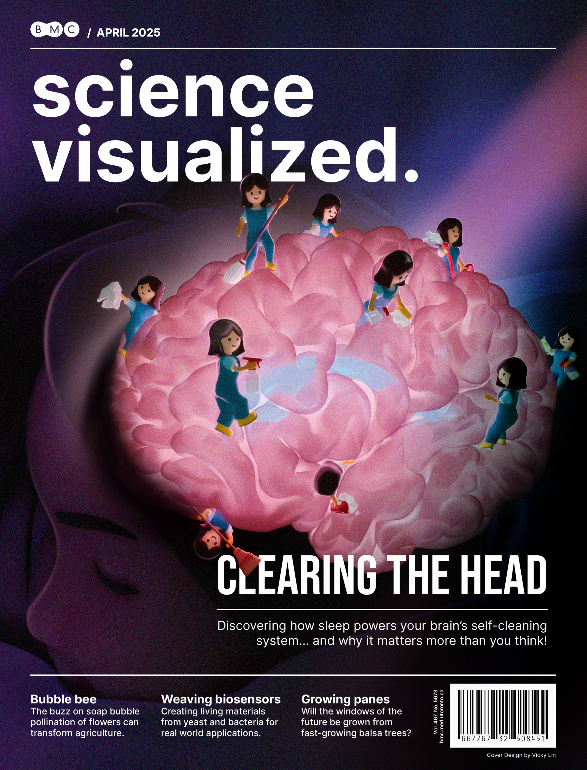 Colorful illustration of a large human brain with cartoon characters in blue scrubs cleaning it, representing brain cleaning or mental health research, with the title 'Science Visualized' and subtitle 'Clearing the Head'.