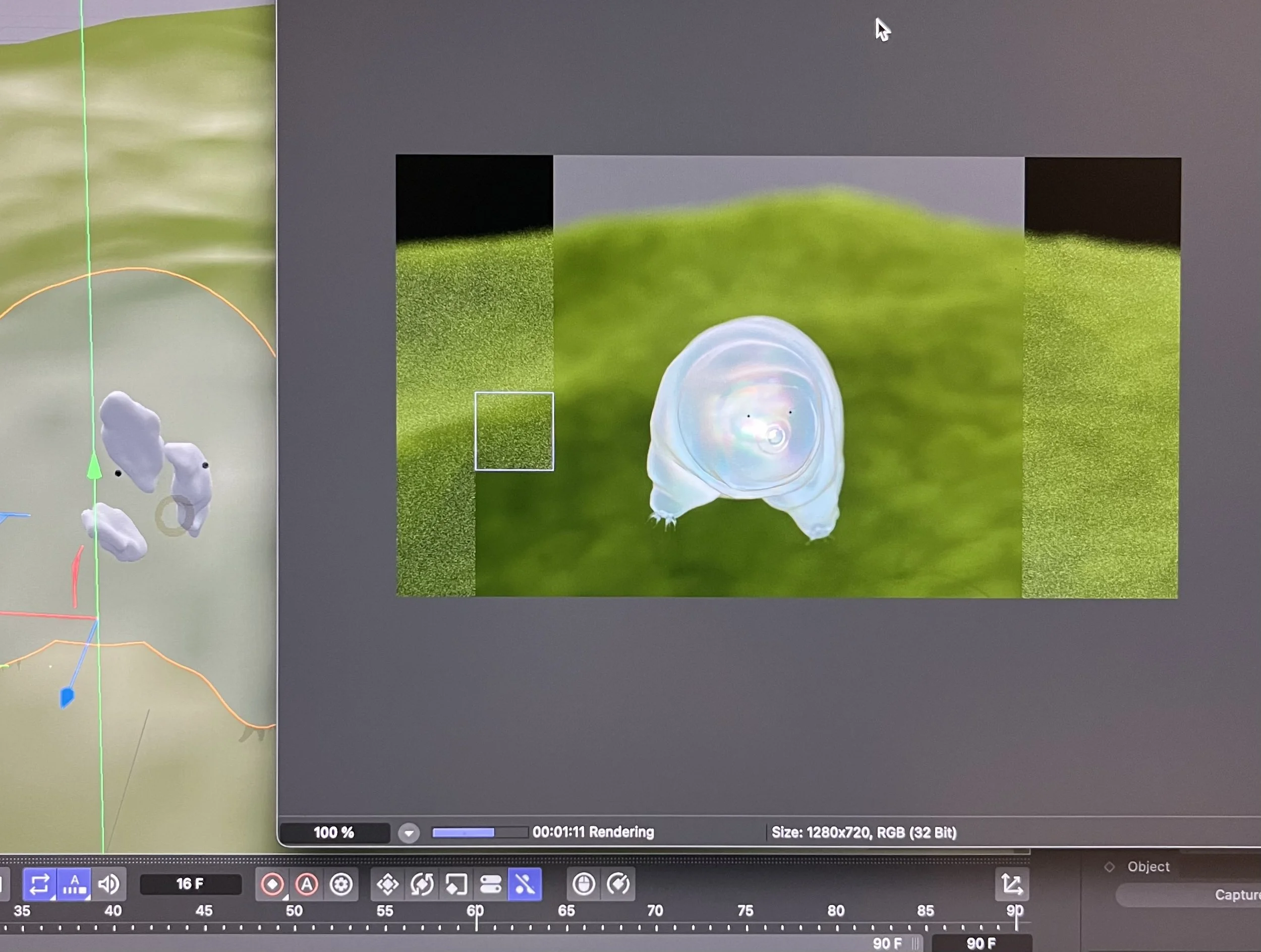 For the environment, I used the default landscape primitive in C4D with a simple grass texture. I used a bokeh depth-of-field effect to simulate a microscopic marine setting. 