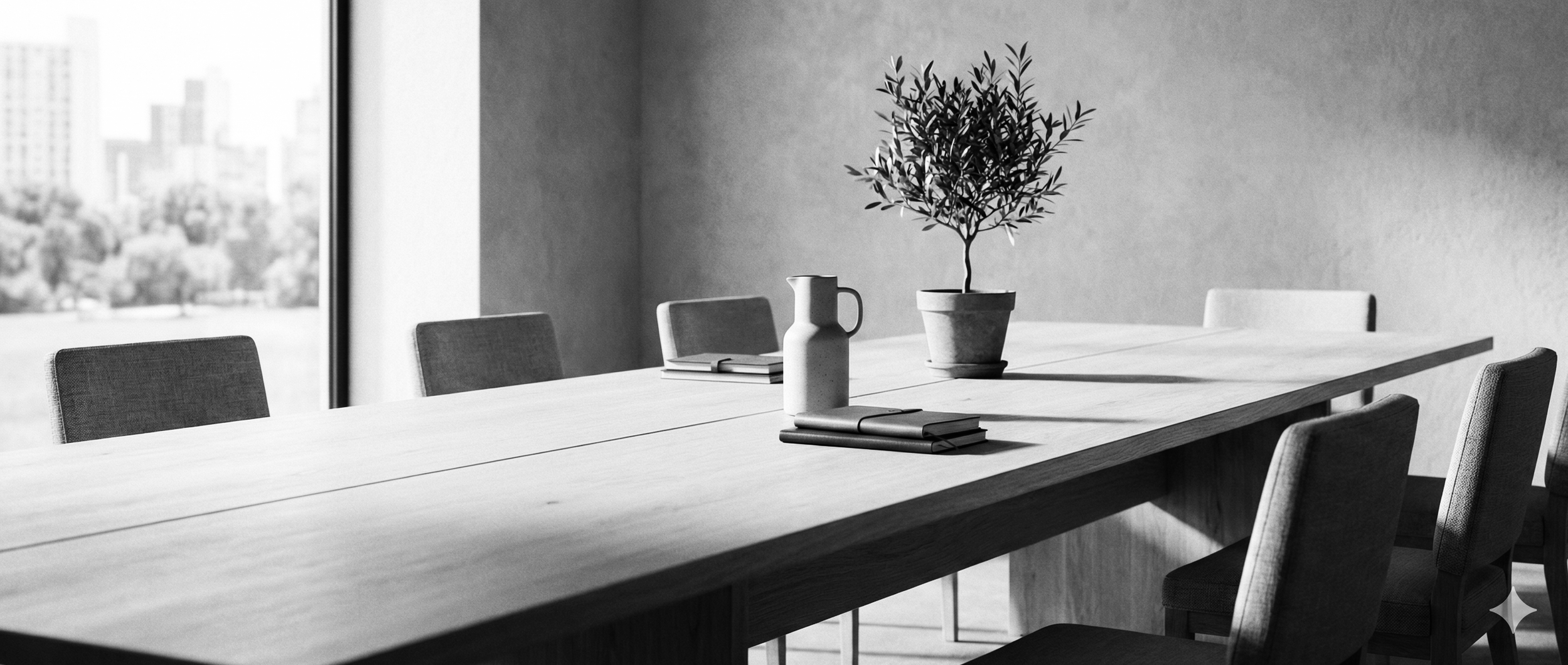 A modern conference room with a long wooden table, surrounded by chairs, a potted plant, a pitcher, and notebooks, with large windows showing a cityscape in the background.