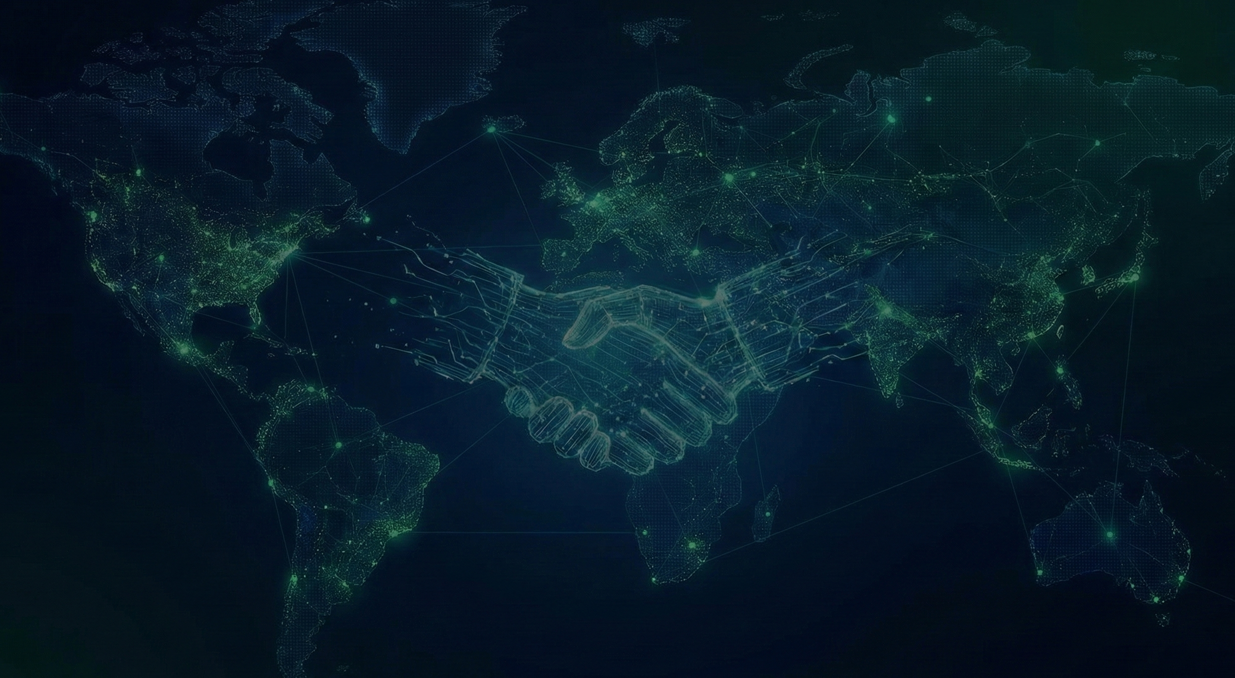A digital illustration of a world map with interconnected points of light, featuring two digital handshake icons in the center.
